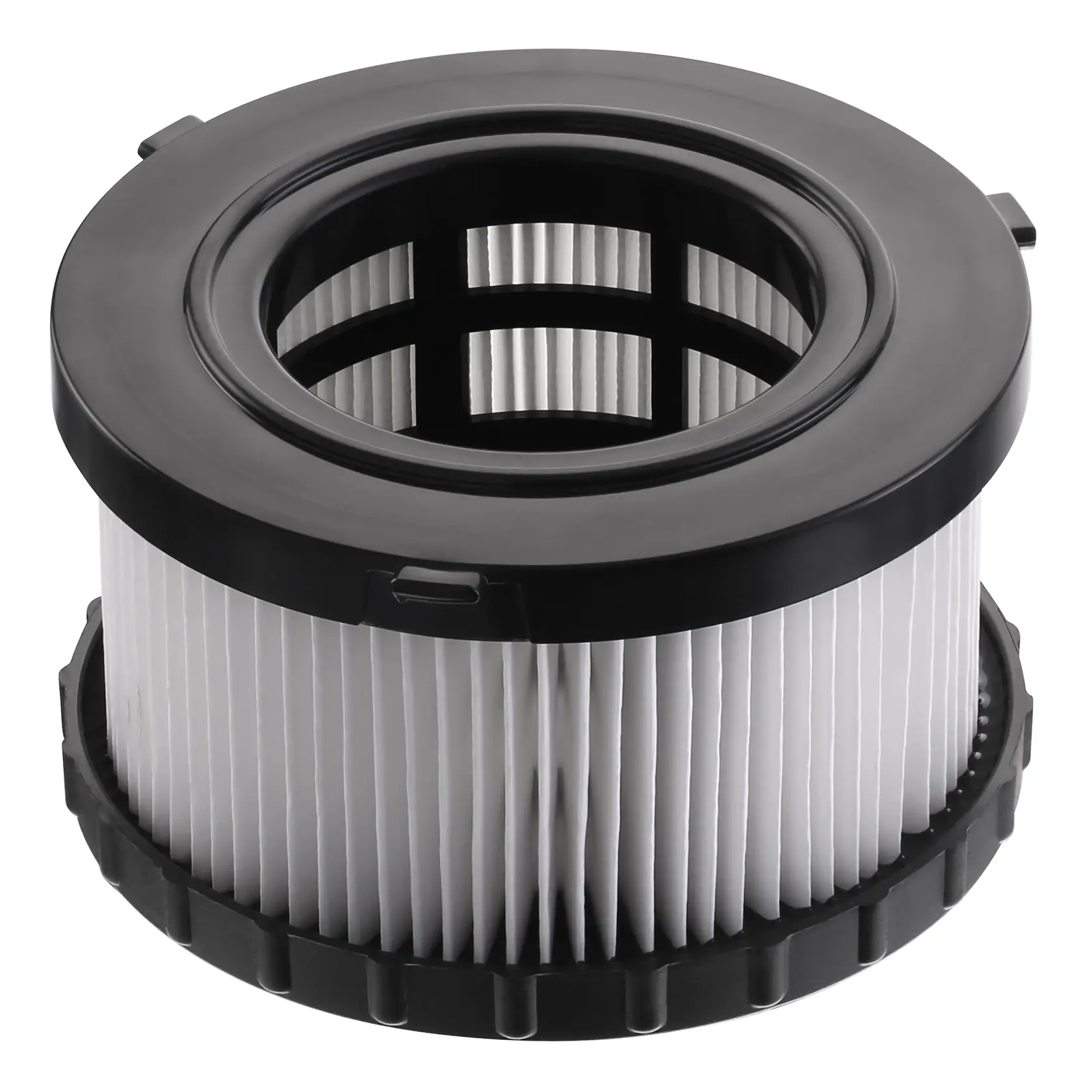 Un filtre d’aspirateur cylindrique plissé avec un cadre en plastique noir, conçu pour une utilisation avec un aspirateur DEWALT.