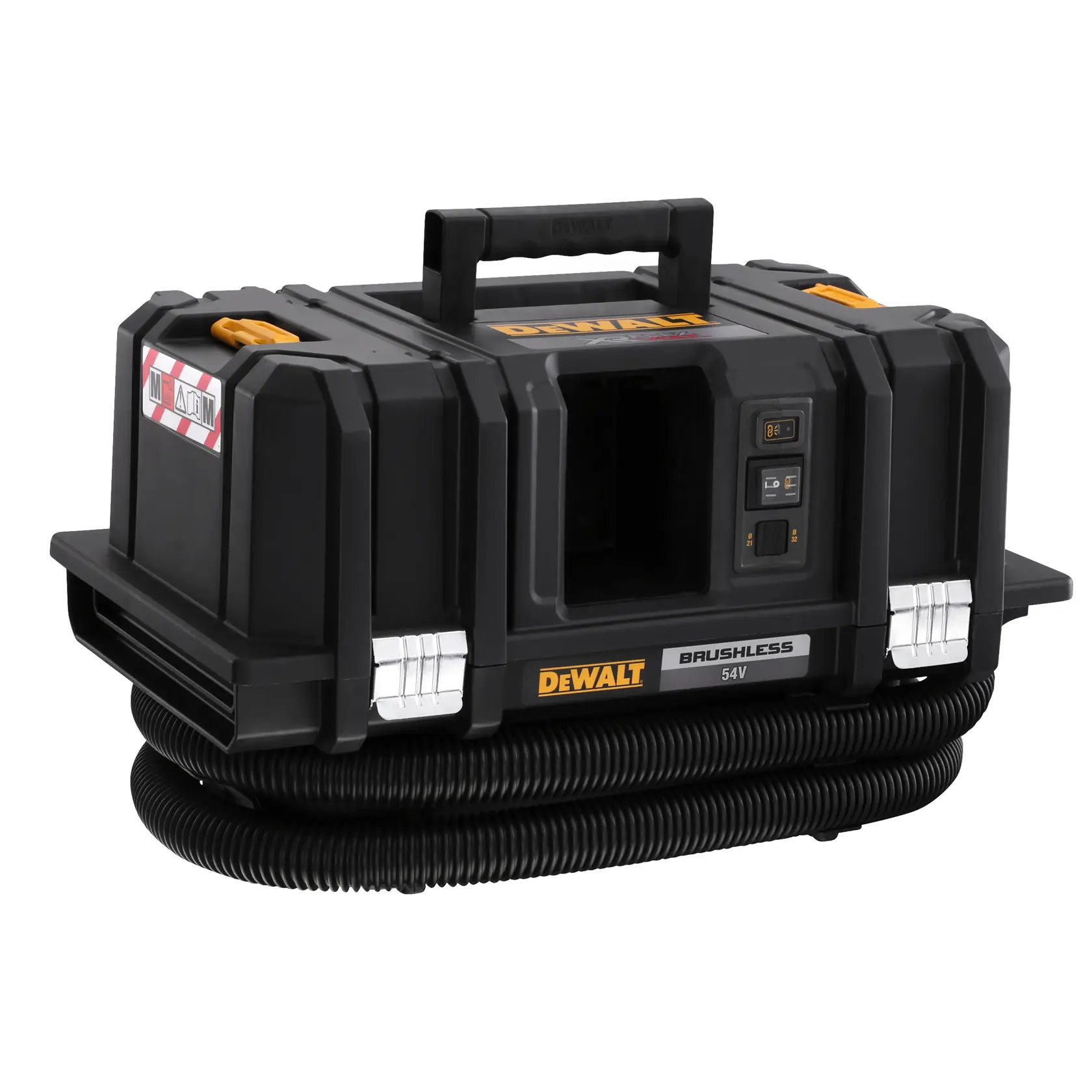 Extracteur de poussière sans fil DEWALT 54V avec poignée et tuyau, boîtier noir.