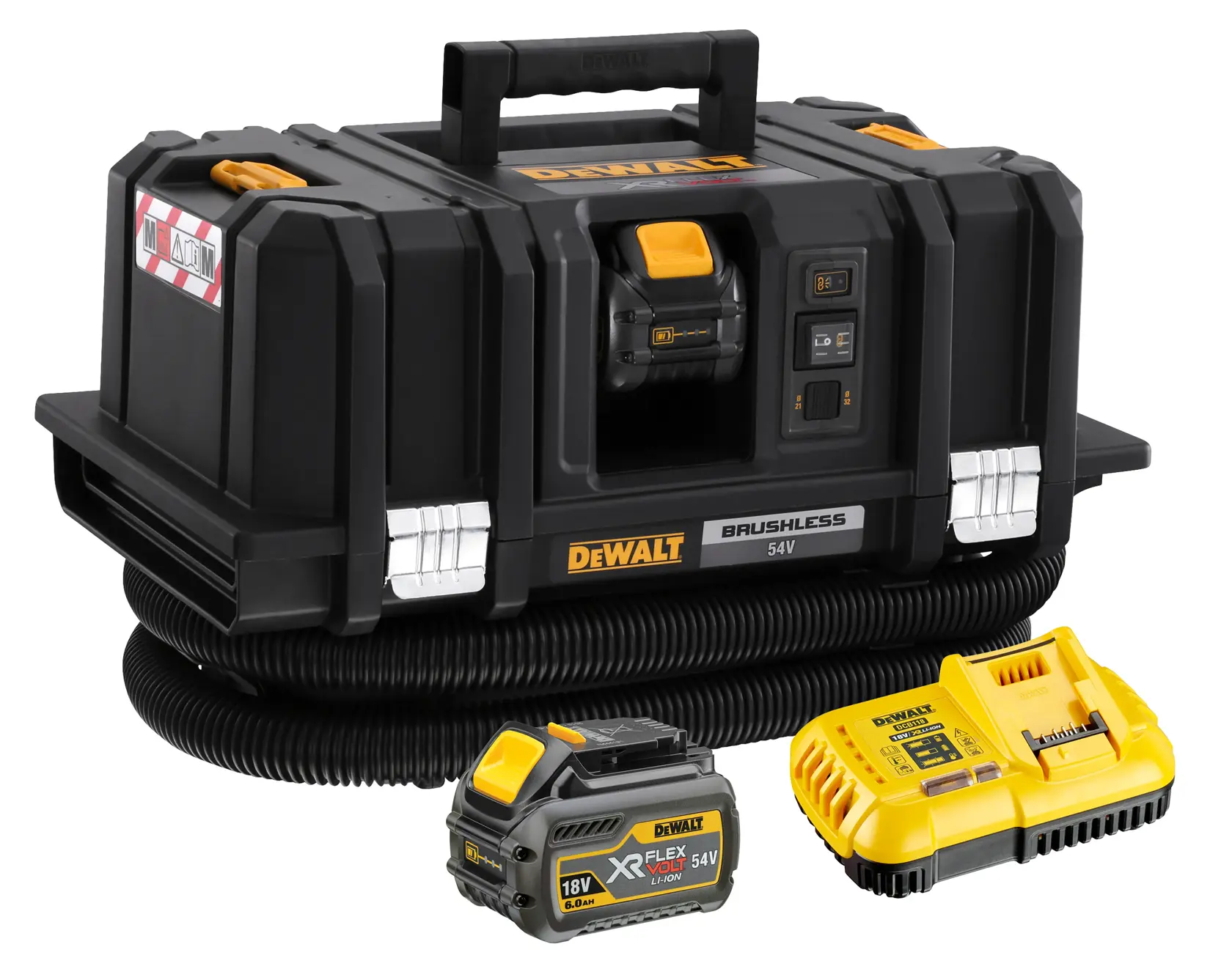 Un extracteur de poussière portable DEWALT 54V sans balais de conception noire et jaune, présenté avec un tuyau flexible, une batterie amovible et un chargeur de batterie placés devant.