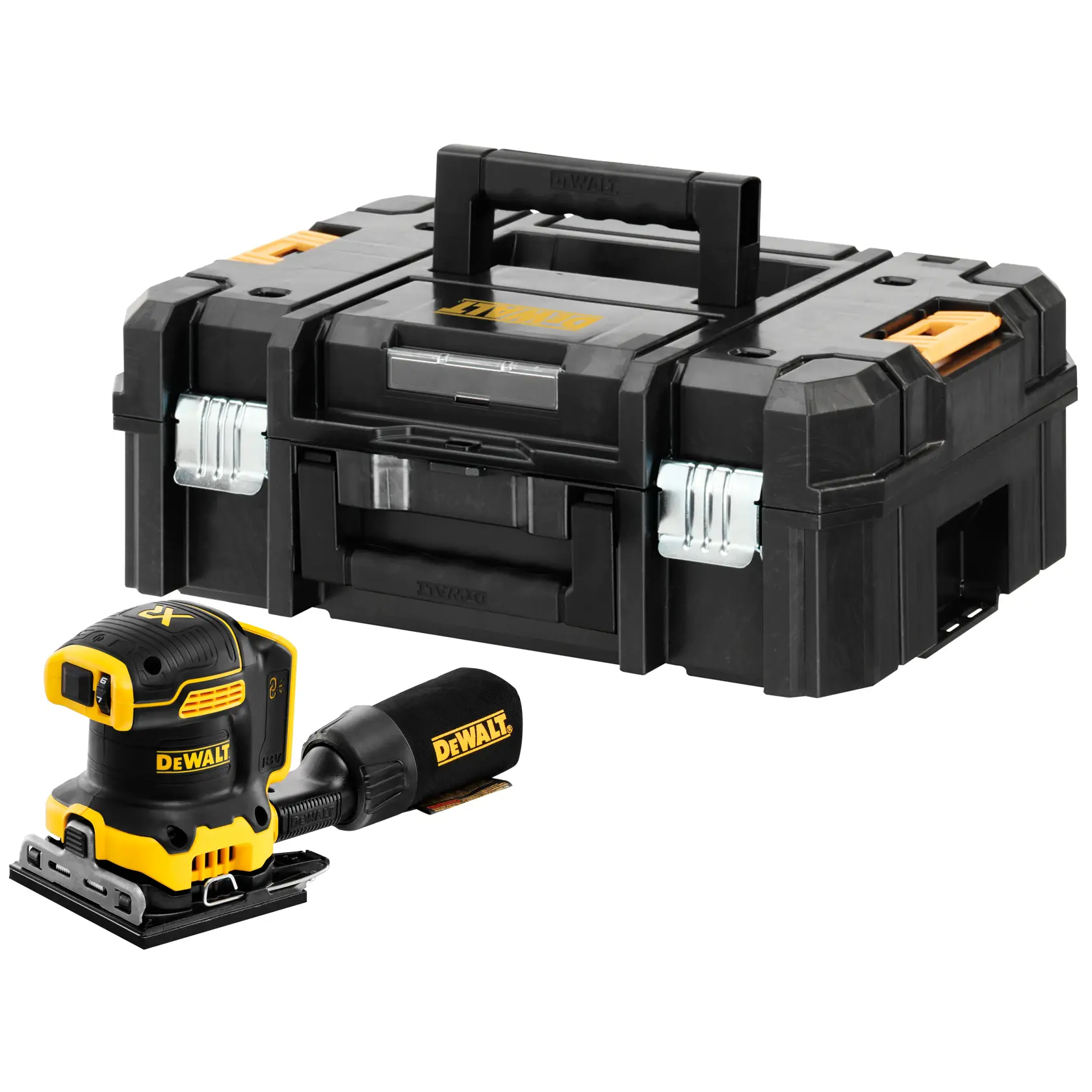 Ponceuse DEWALT avec sac à poussière et boîte à outils noire robuste, accents jaunes.