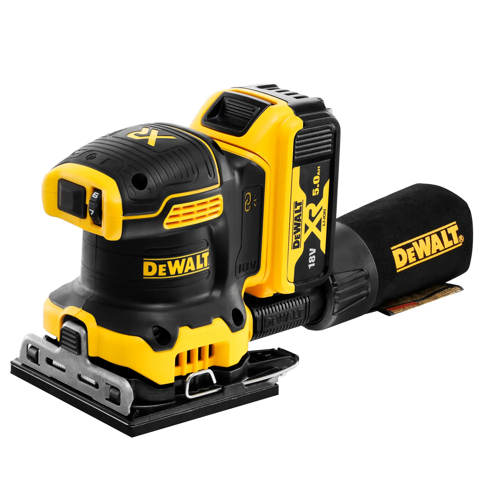 Ponceuse sans fil DEWALT avec batterie et sac à poussière, jaune et noire, sur fond blanc.
