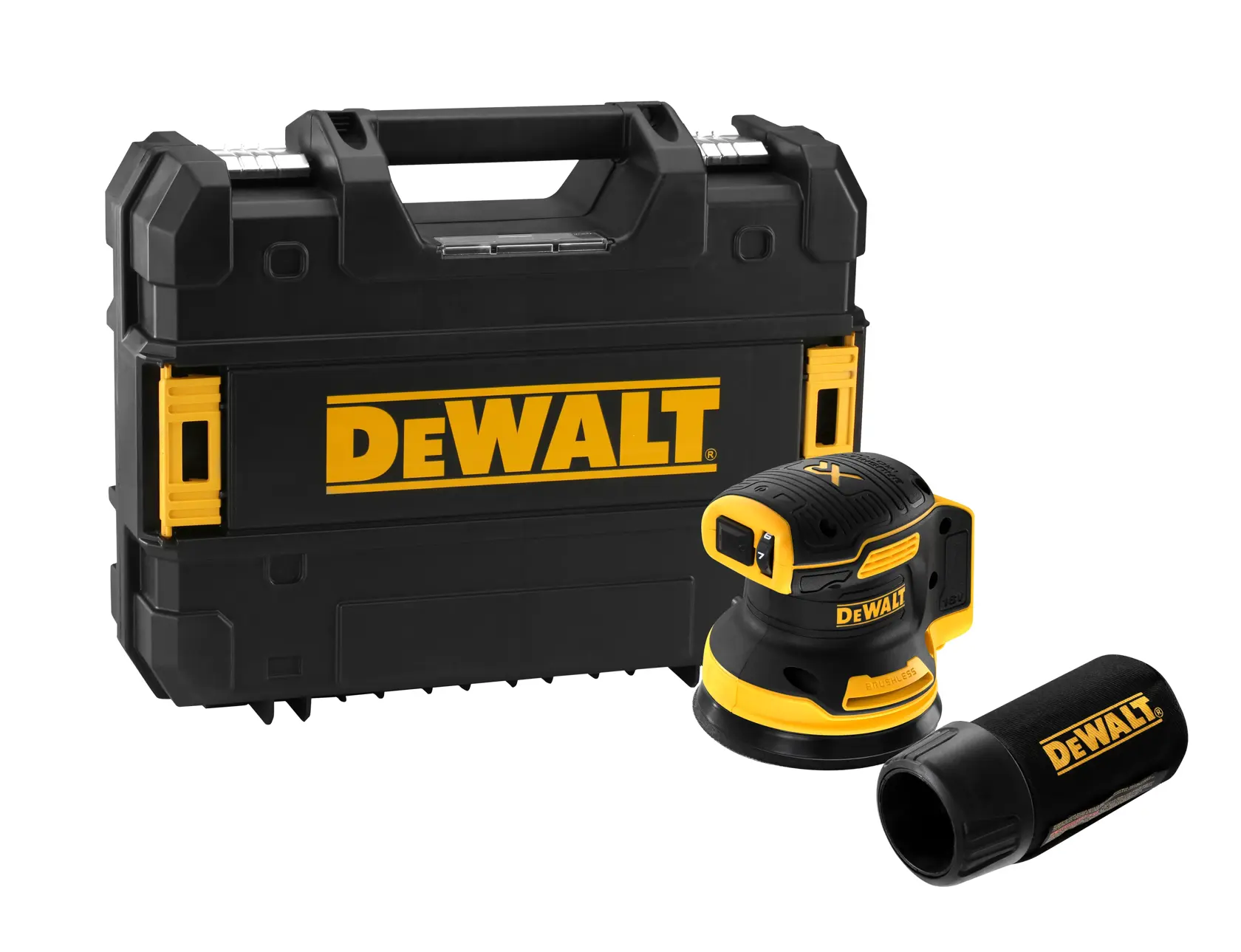 Un ensemble ponceuse excentrique sans fil DEWALT, comprenant une ponceuse noire et jaune, un accessoire de collecte de poussière et une mallette de transport DEWALT noire robuste.
