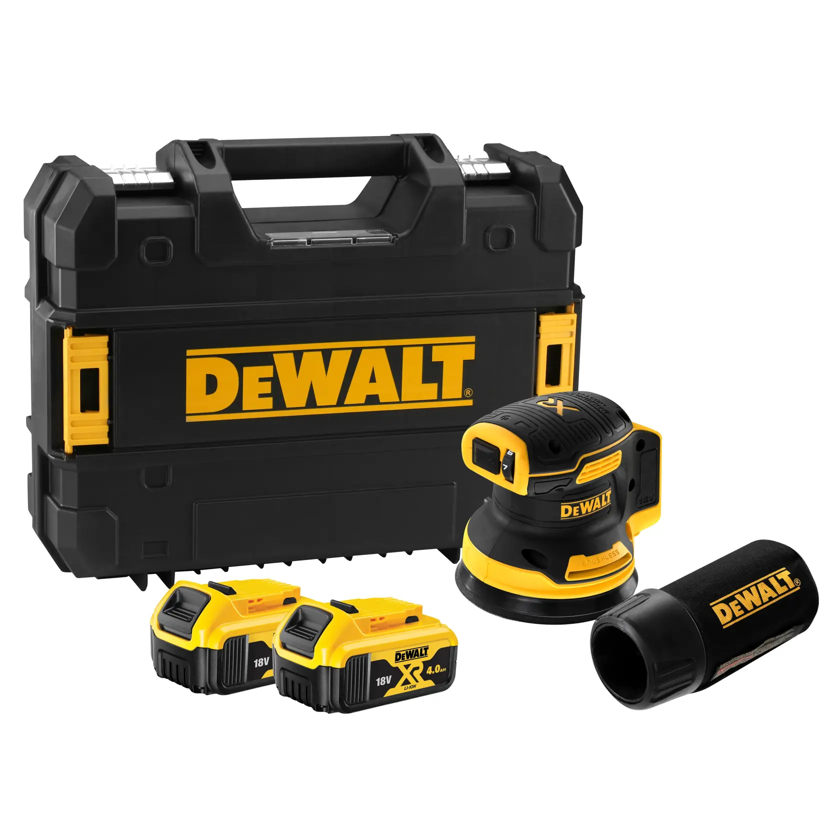 Une ponceuse orbitale sans fil DEWALT, modèle DCW210P2, équipée d’un moteur sans balais et d’une batterie lithium-ion XR de 18V. L’outil est principalement jaune et noir avec le logo DEWALT.