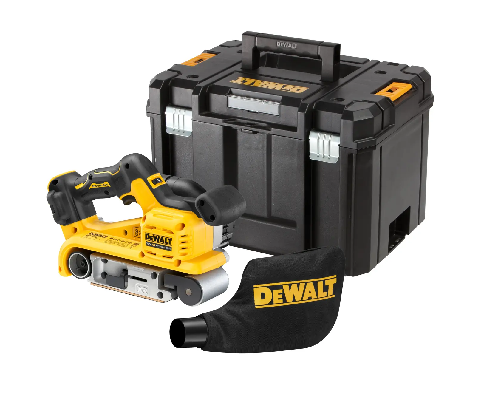 Ponceuse à bande sans fil DEWALT avec sac à poussière et boîte de rangement noire sur fond blanc.