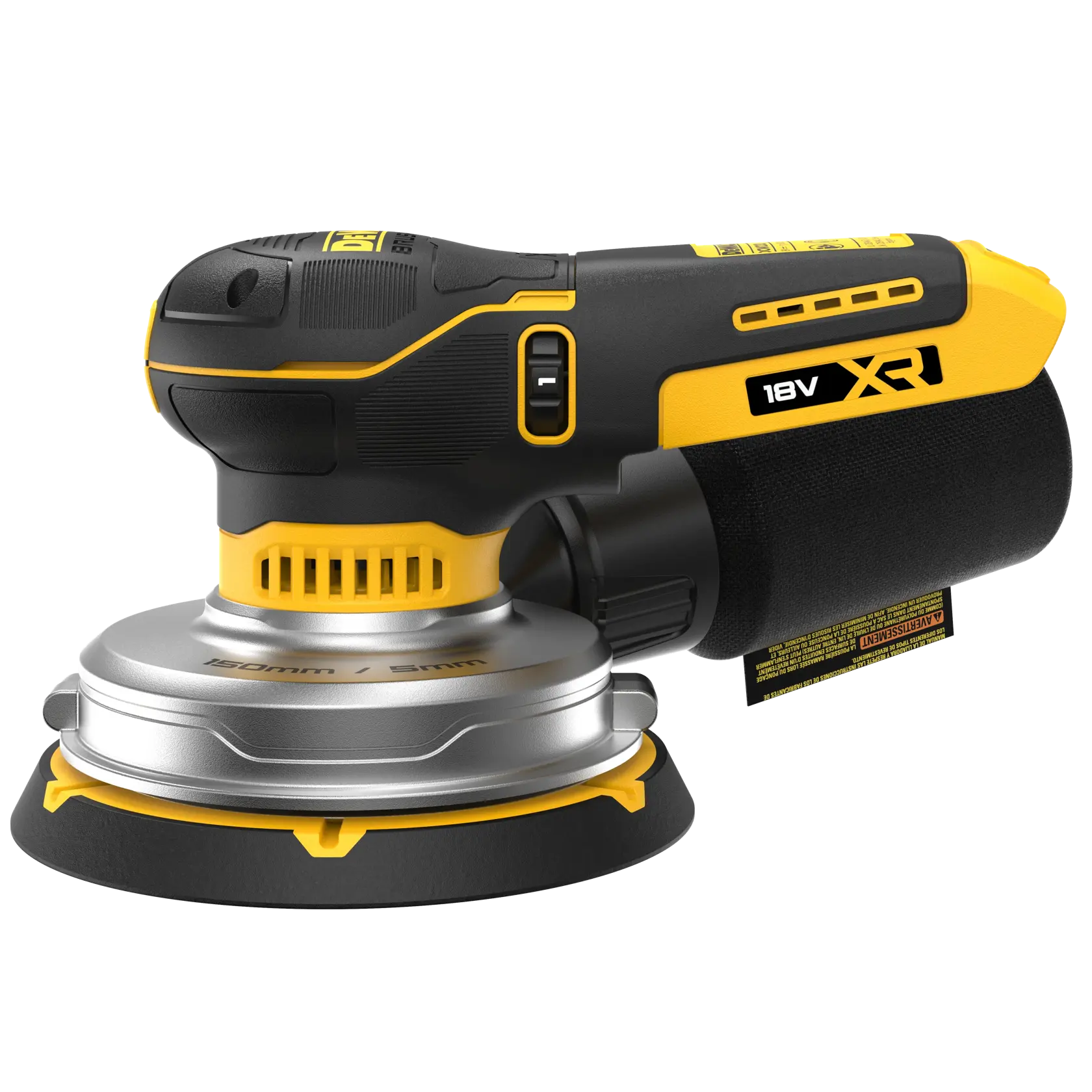 Ponceuse excentrique sans fil DEWALT 18V XR, design noir et jaune, avec sac à poussière.