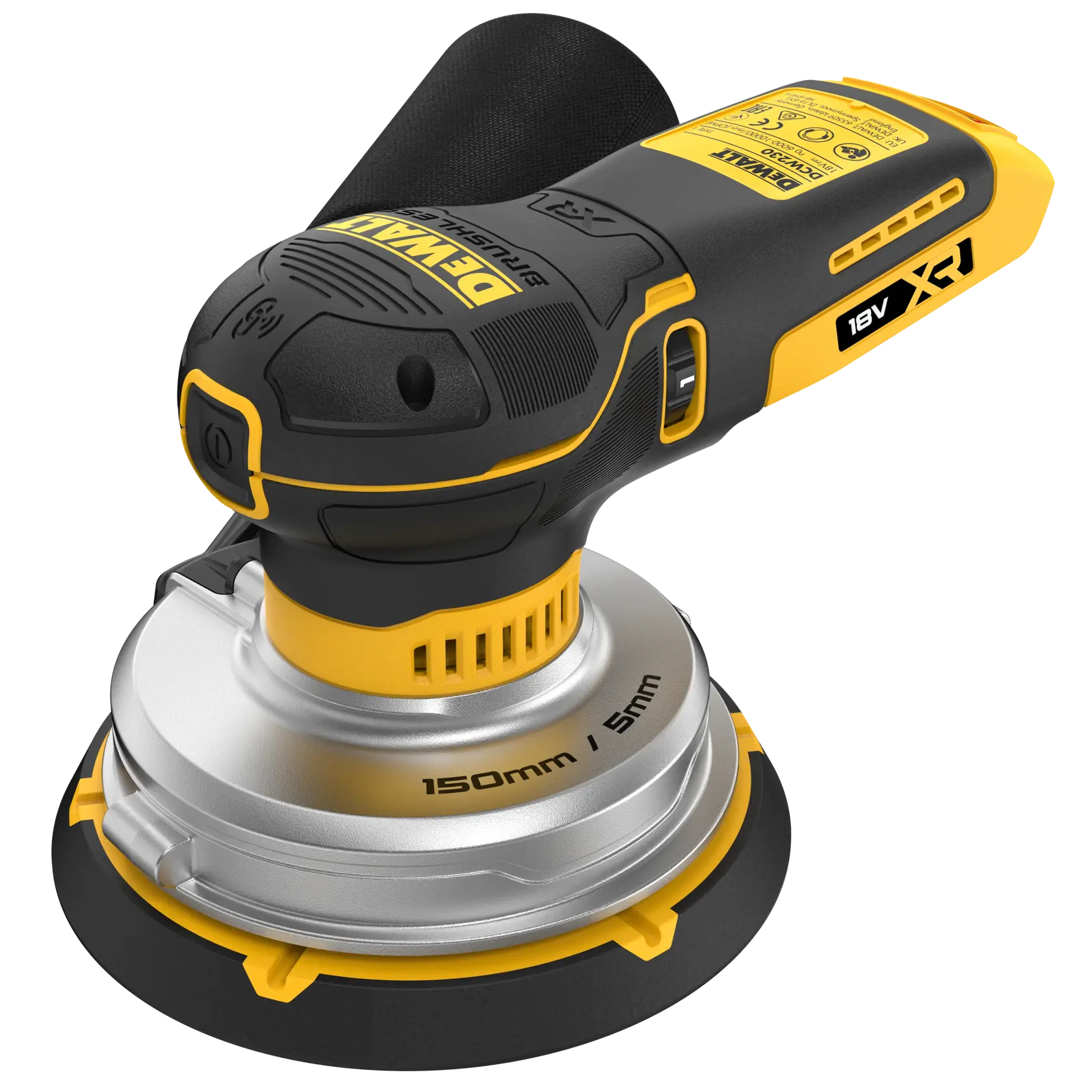 Ponceuse orbitale sans fil DEWALT 18V XR, plateau 150mm, design noir et jaune, vue en angle.