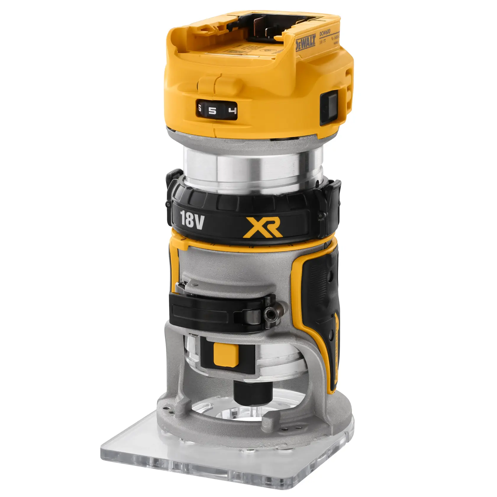 Une affleureuse compacte sans fil DEWALT DCW600N avec un moteur XR 18V. L'outil est principalement jaune avec des accents noirs et argentés, et possède une base plate transparente pour la stabilité lors des travaux de menuiserie.
