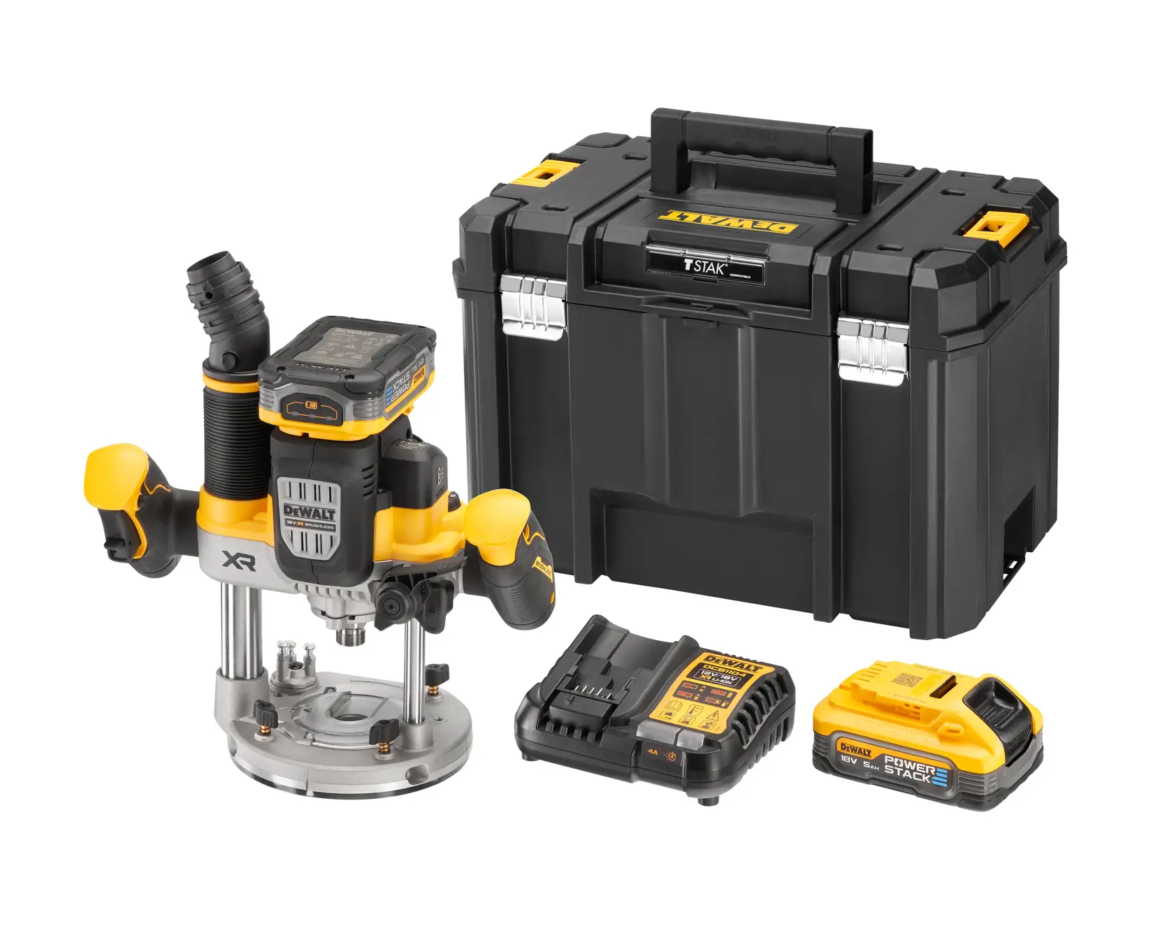 Kit de défonceuse DEWALT avec router, batterie, chargeur et mallette noire.