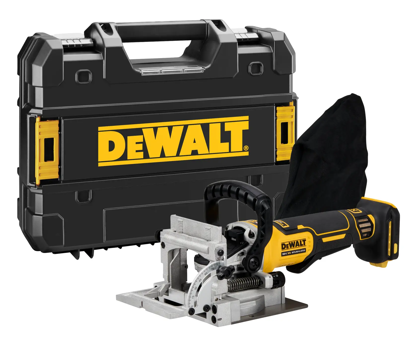 Un outil à rainurer sans fil DEWALT avec un sac à poussière, placé devant une valise de transport noire DEWALT avec des accents jaunes.