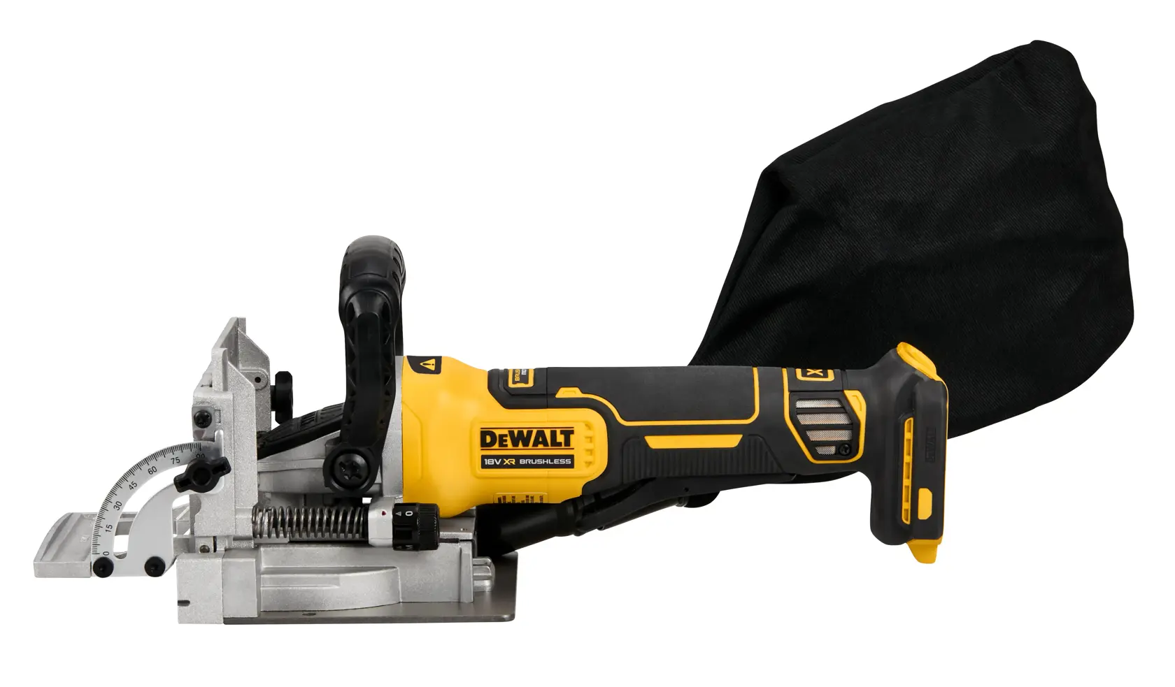 Un outil d'assemblage sans fil DEWALT DCW682N avec un corps jaune et noir, une jauge d'angle en métal réglable, une poignée ergonomique et un sac de collecte de poussière noir attaché.