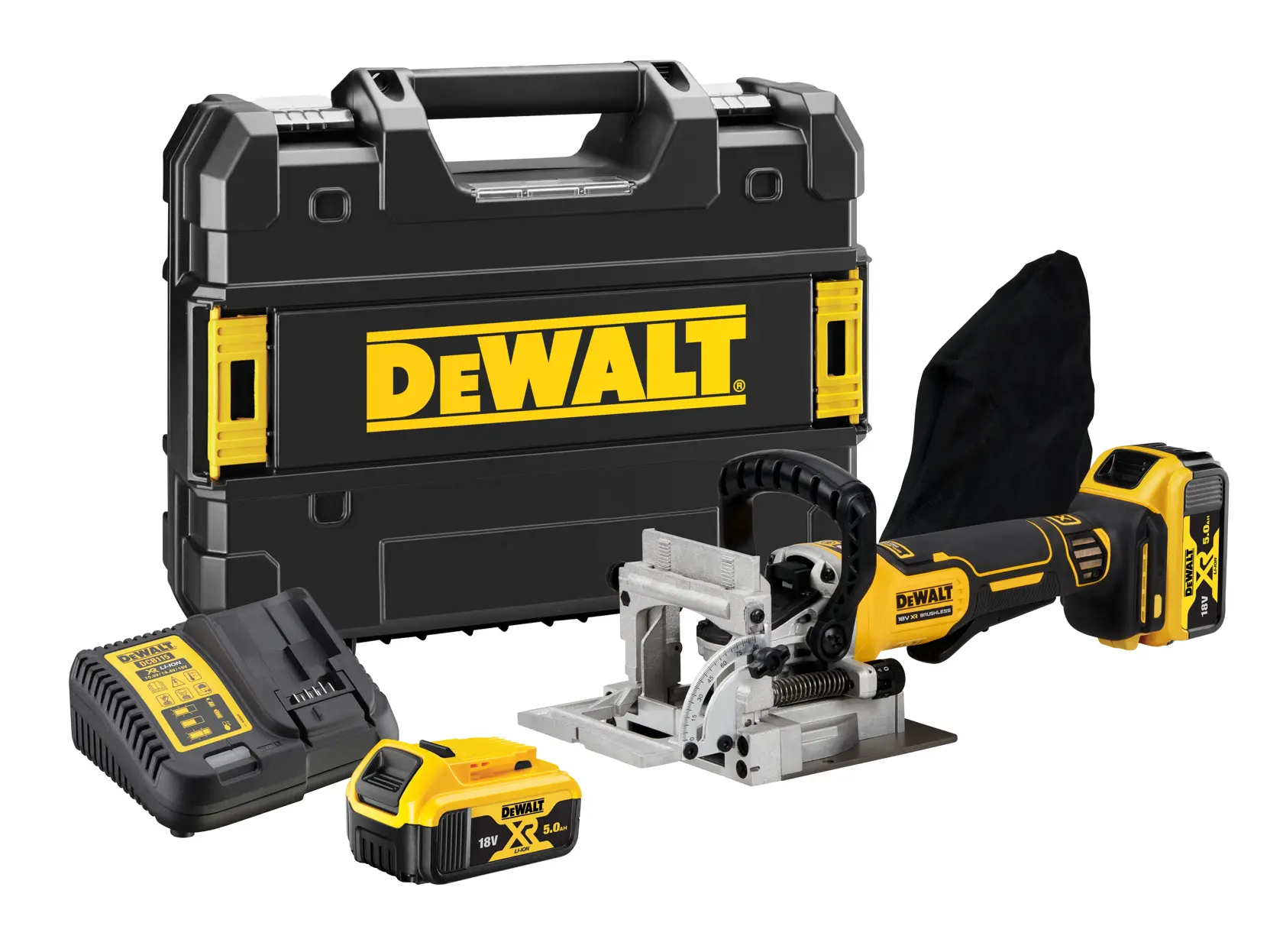 Kit de fraiseuse à biscuits sans fil DEWALT présenté avec une mallette rigide noire et jaune, une batterie, un chargeur et un sac à poussière attaché à l'outil.