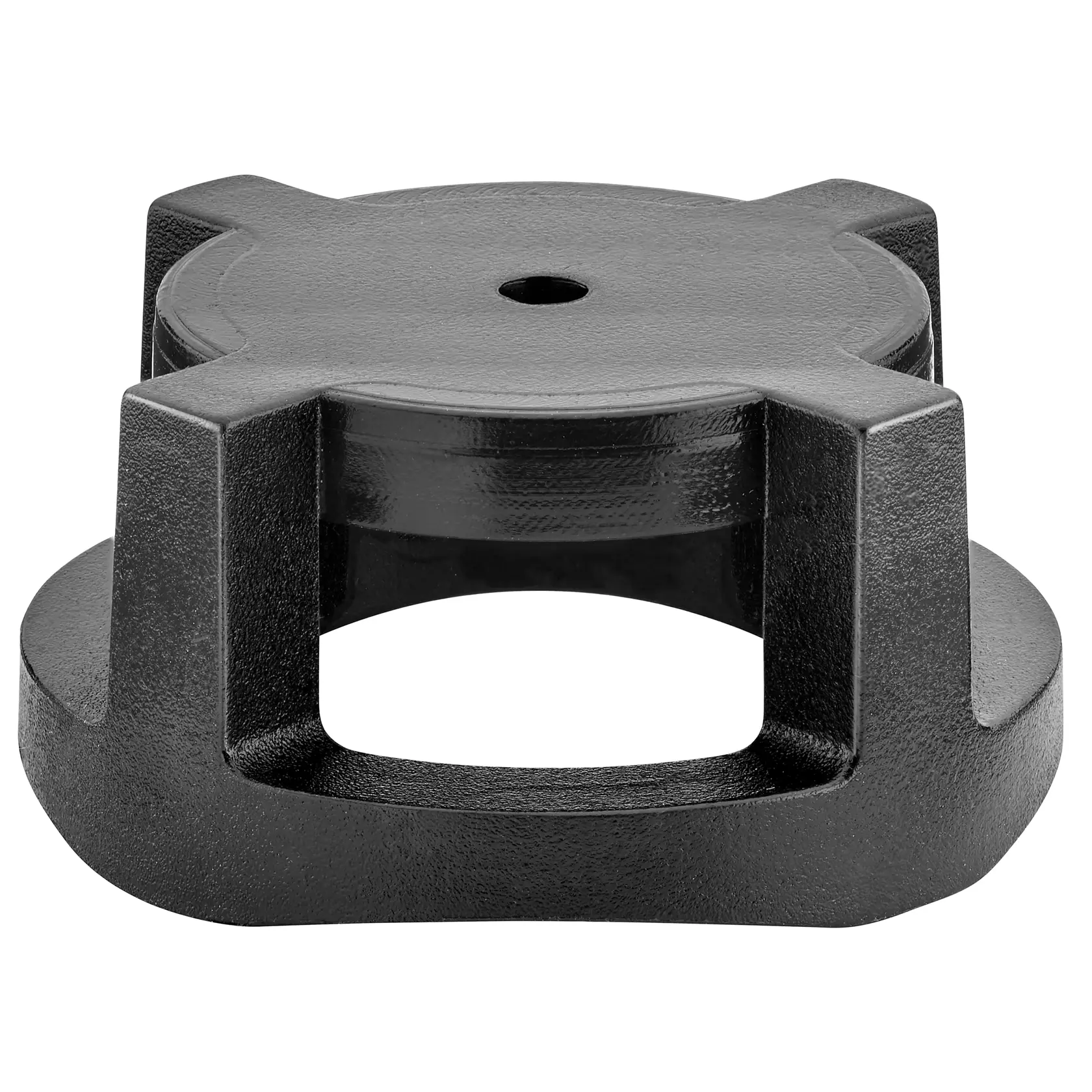 Schwarzer Metall-Stativsockel mit zentralem Loch zum Halten von Fotoausrüstung.