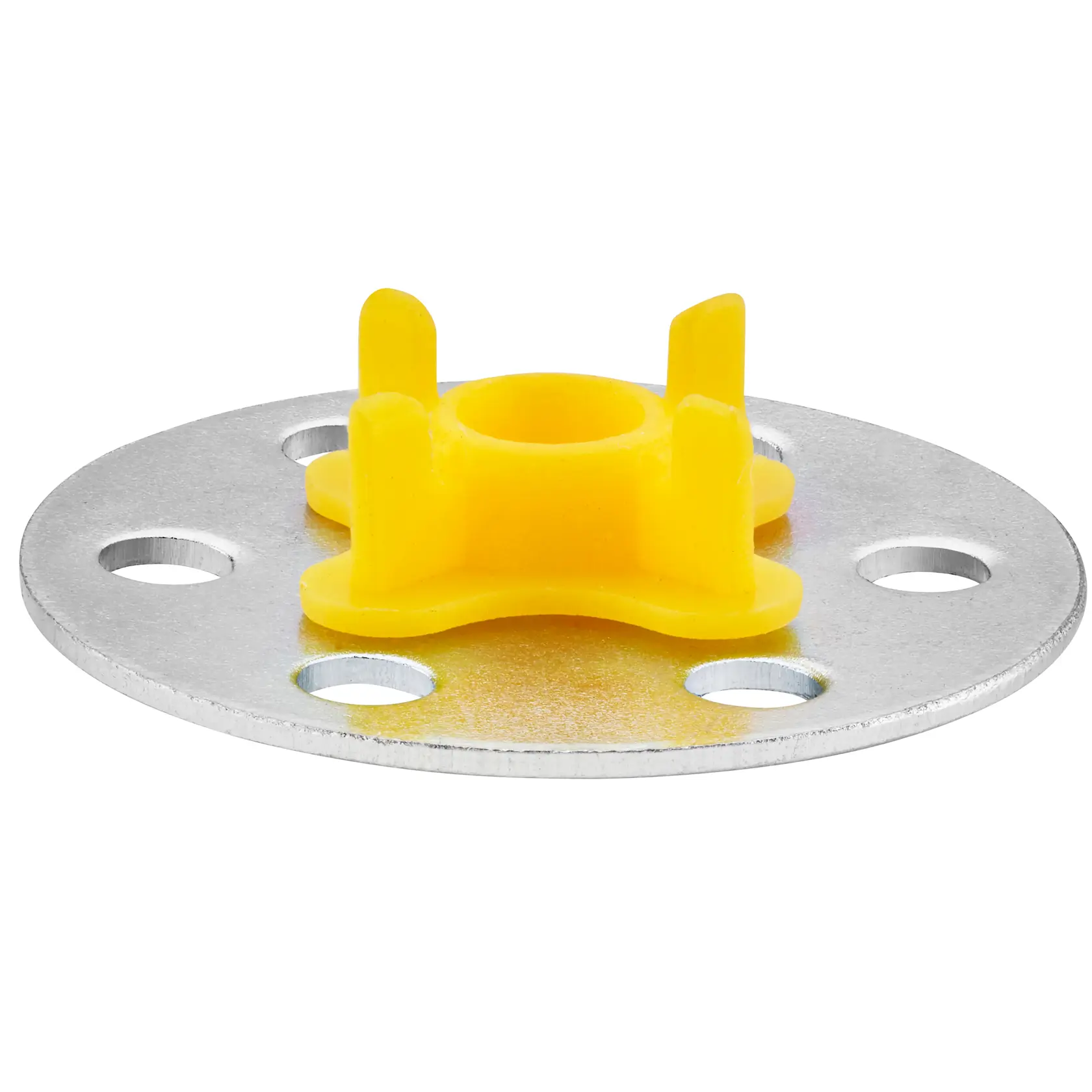 Plaque ronde en métal avec centre jaune en plastique et trous, accessoire photo DEWALT.