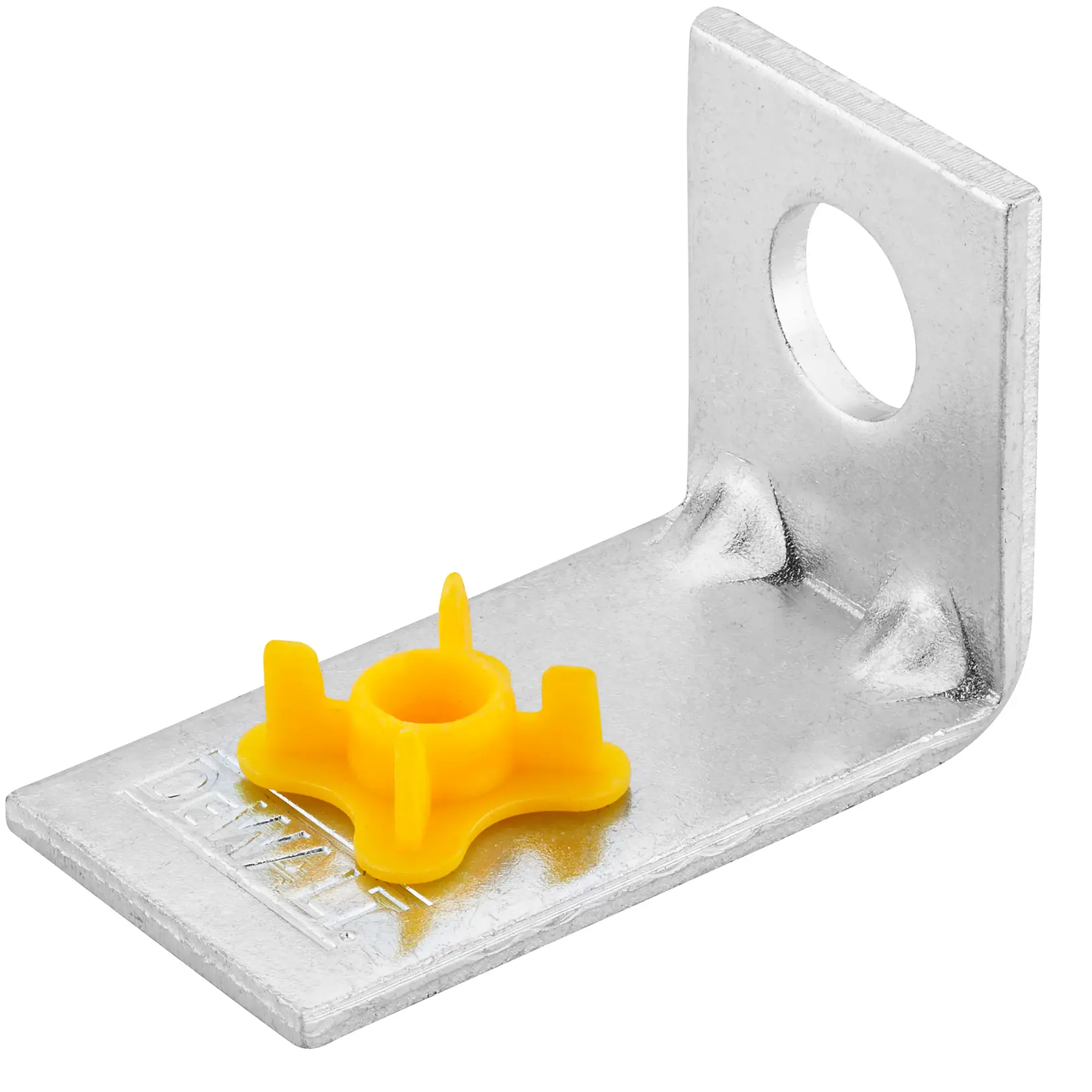 Support en métal DEWALT avec une fixation plastique jaune et un trou pour montage.