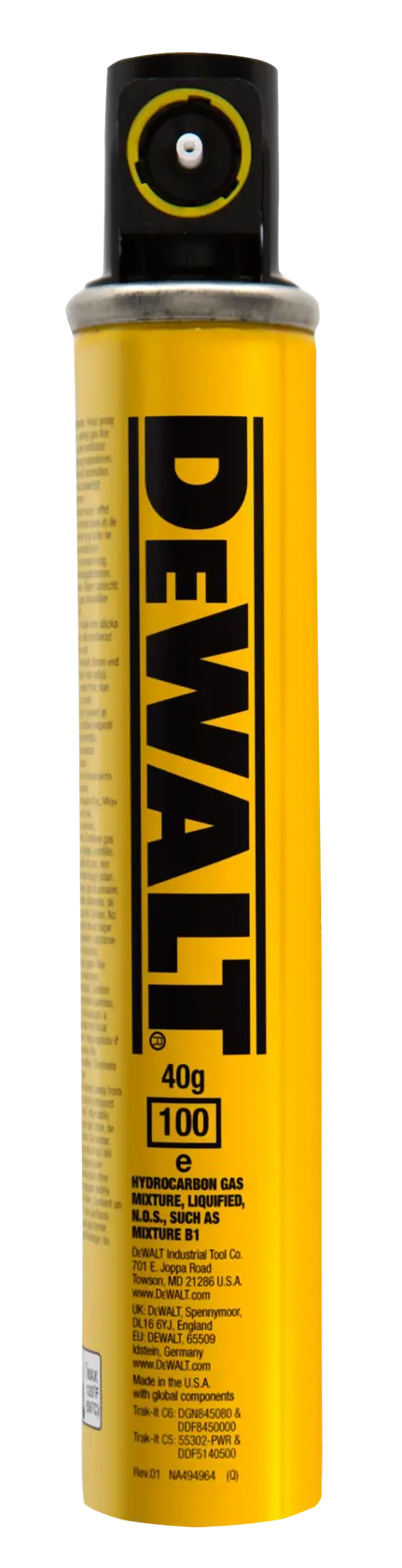 Cartouche de gaz jaune DEWALT avec bouchon noir, usage professionnel, debout sur fond blanc.