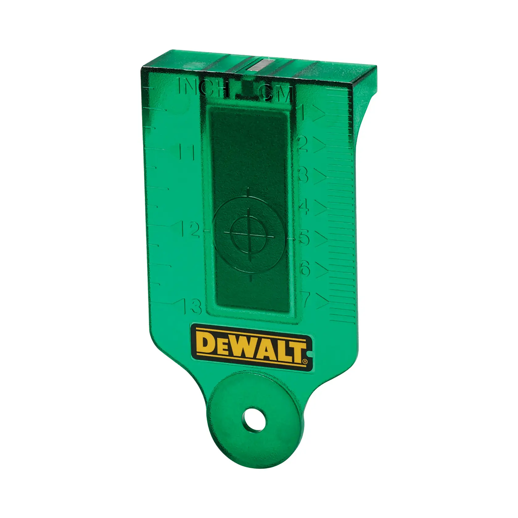 Cible DEWALT verte photographie, DE0730G et DE0730G-XJ, avec logo et marques de mesure.