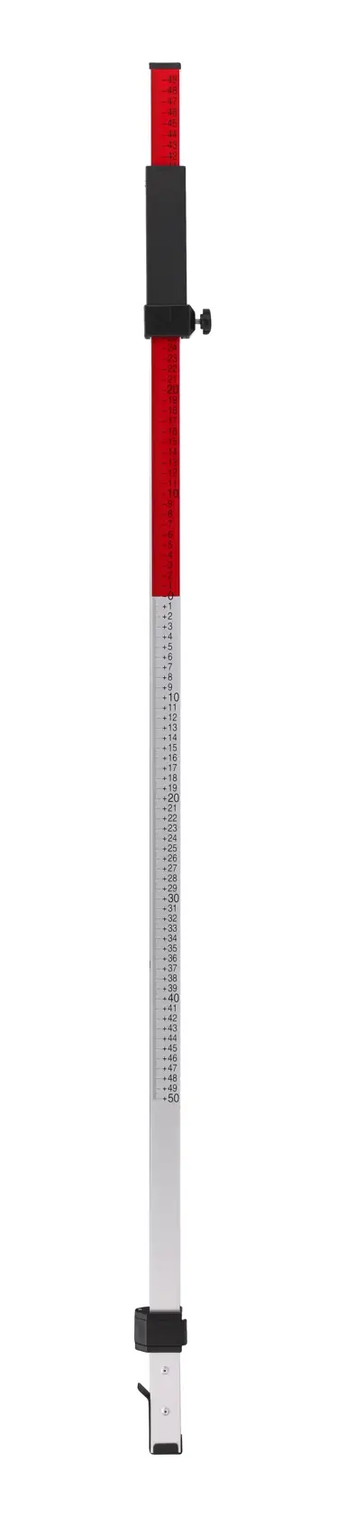Règle de nivellement télescopique DEWALT rouge et blanche avec graduations pour le relevé et la construction.