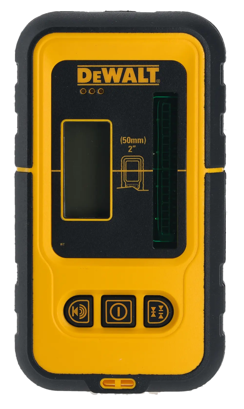 Un détecteur laser électronique portable DEWALT avec un boîtier jaune et noir, un écran LCD, des voyants lumineux, des boutons de commande et des marques de mesure pour 50 mm (2 pouces).