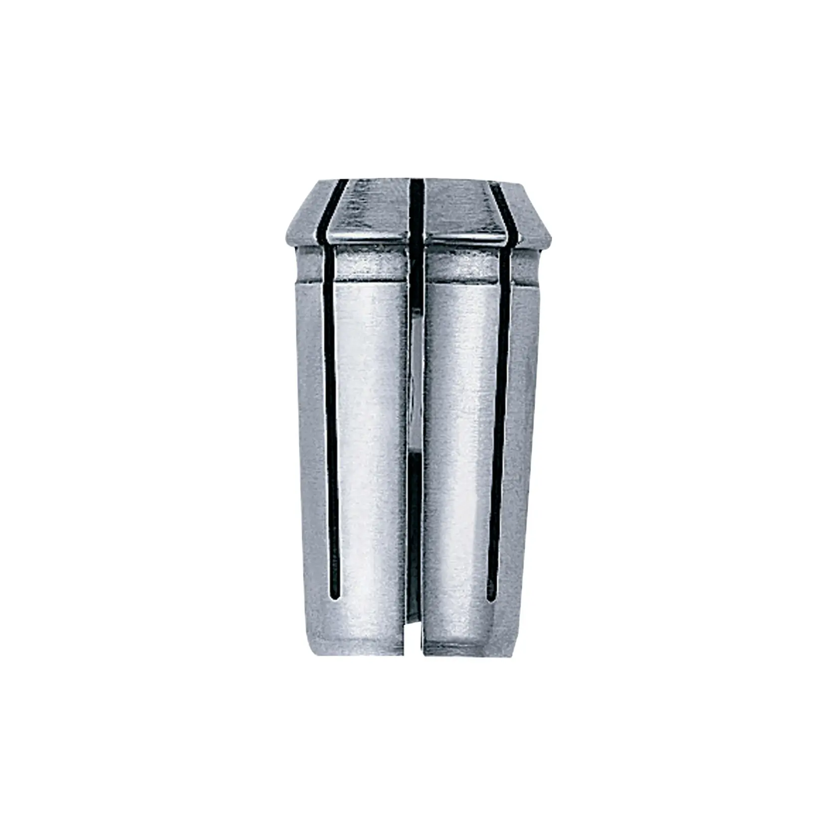 Pince métallique cylindrique pour outil électrique, avec fentes, sur fond blanc.