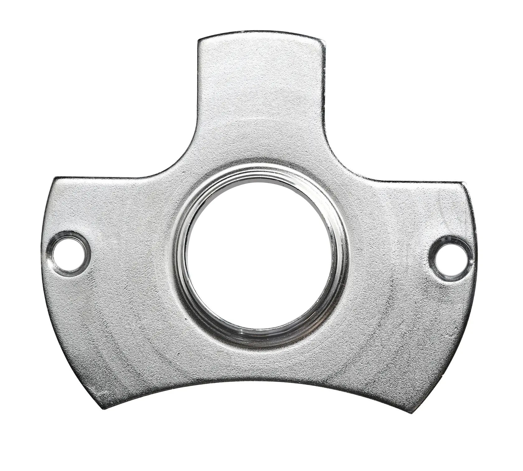 Plaque de base en métal pour routeur avec centre circulaire et deux trous de fixation, sur fond blanc.
