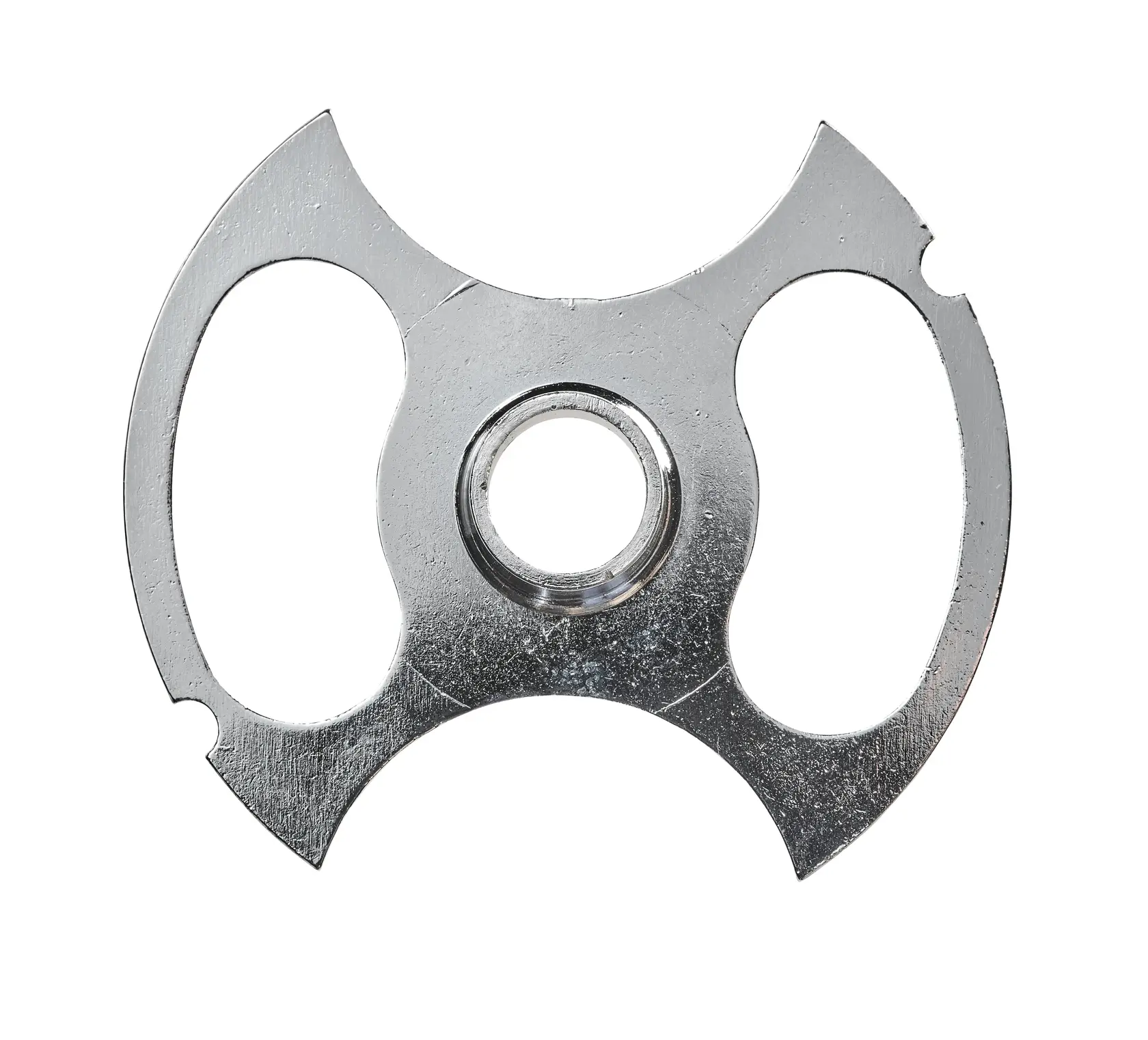 Accessoire photo DEWALT en métal argenté avec centre circulaire et deux découpes ovales.