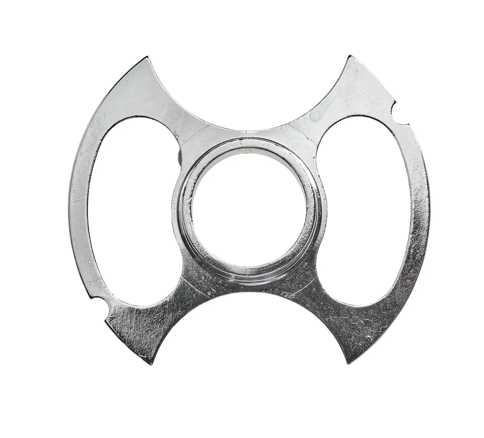 Accessoire photo argenté DEWALT DE6927 avec centre circulaire et deux ouvertures courbes, sur fond blanc.