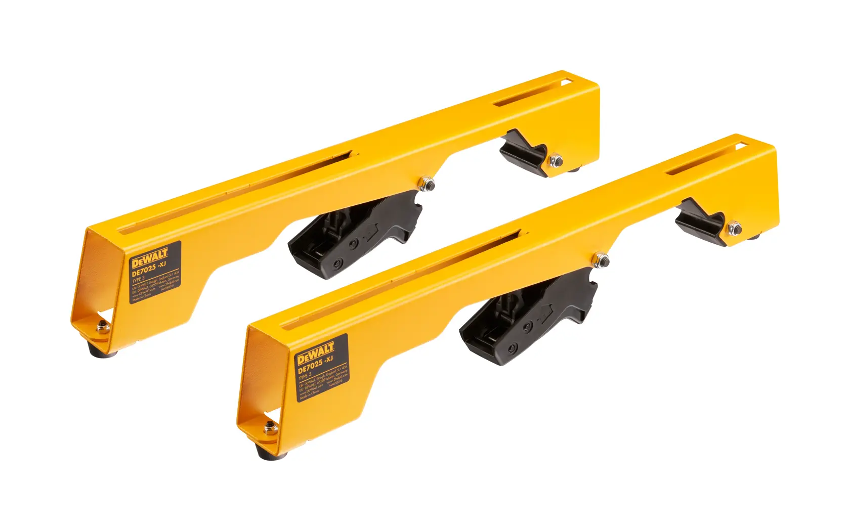 Paire de supports métalliques jaunes DEWALT pour photographie, avec mécanisme de serrage noir.