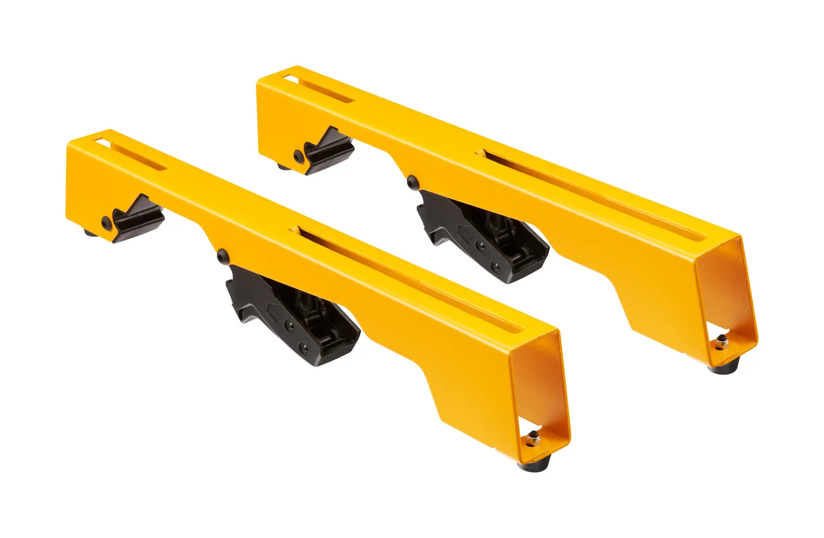 Deux supports en métal jaunes DEWALT pour équipement photographique sur fond blanc.