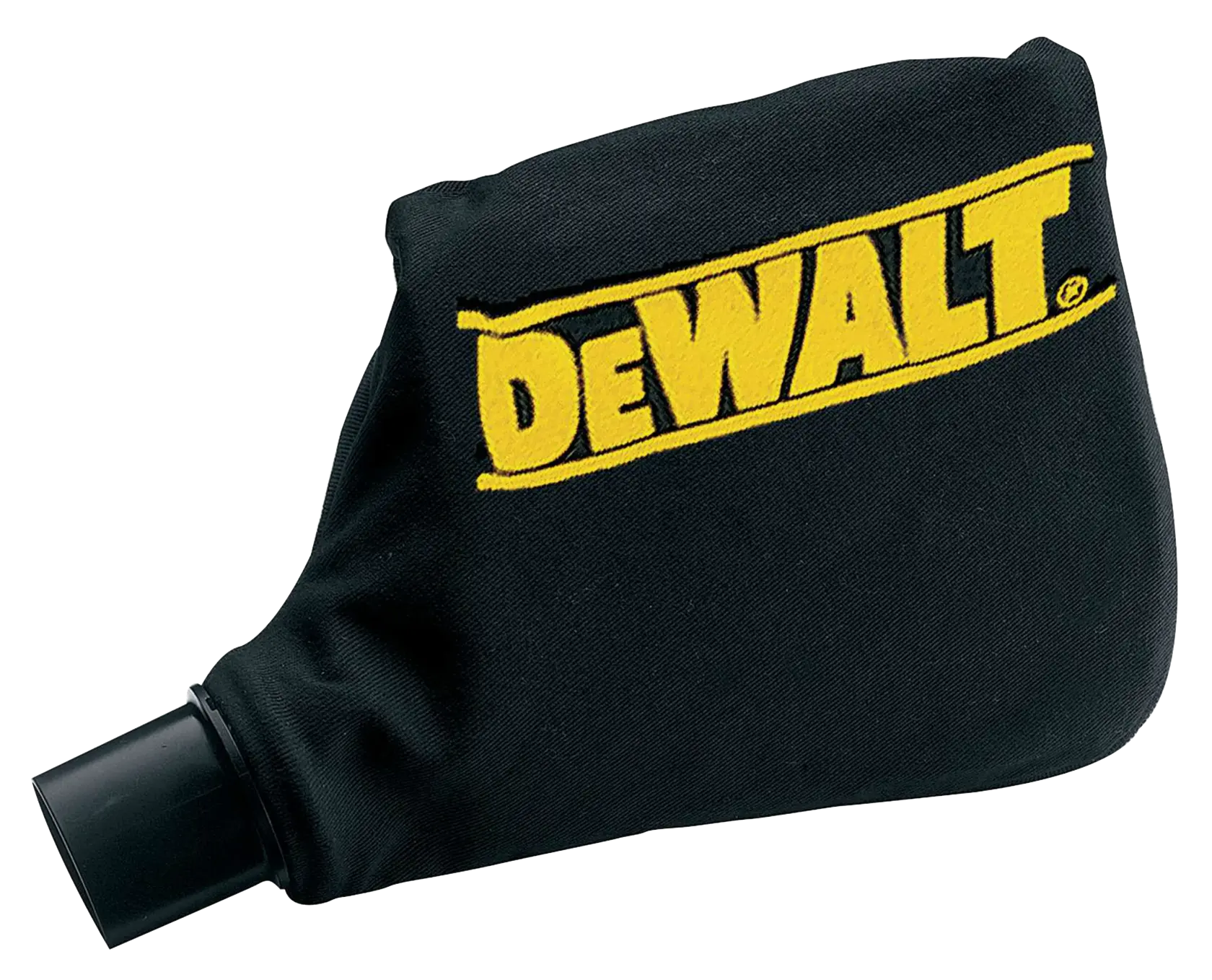 Un sac à poussière DEWALT noir avec un logo DEWALT jaune, conçu pour recueillir la poussière des outils électriques.