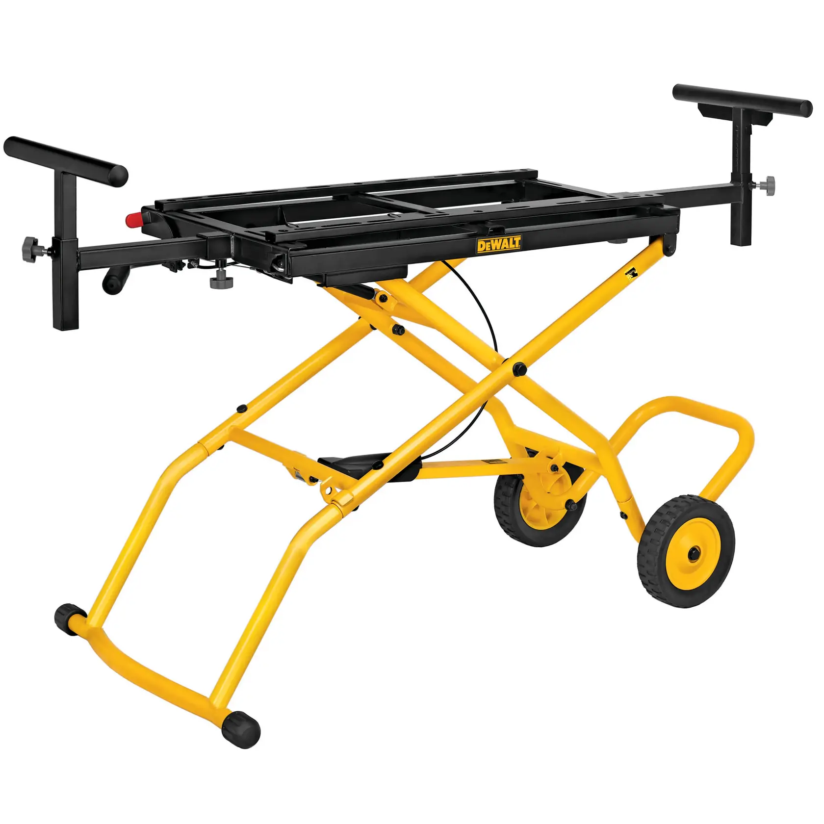 Support pliant jaune DEWALT DE7260 avec roues, idéal pour photographie ou matériel.
