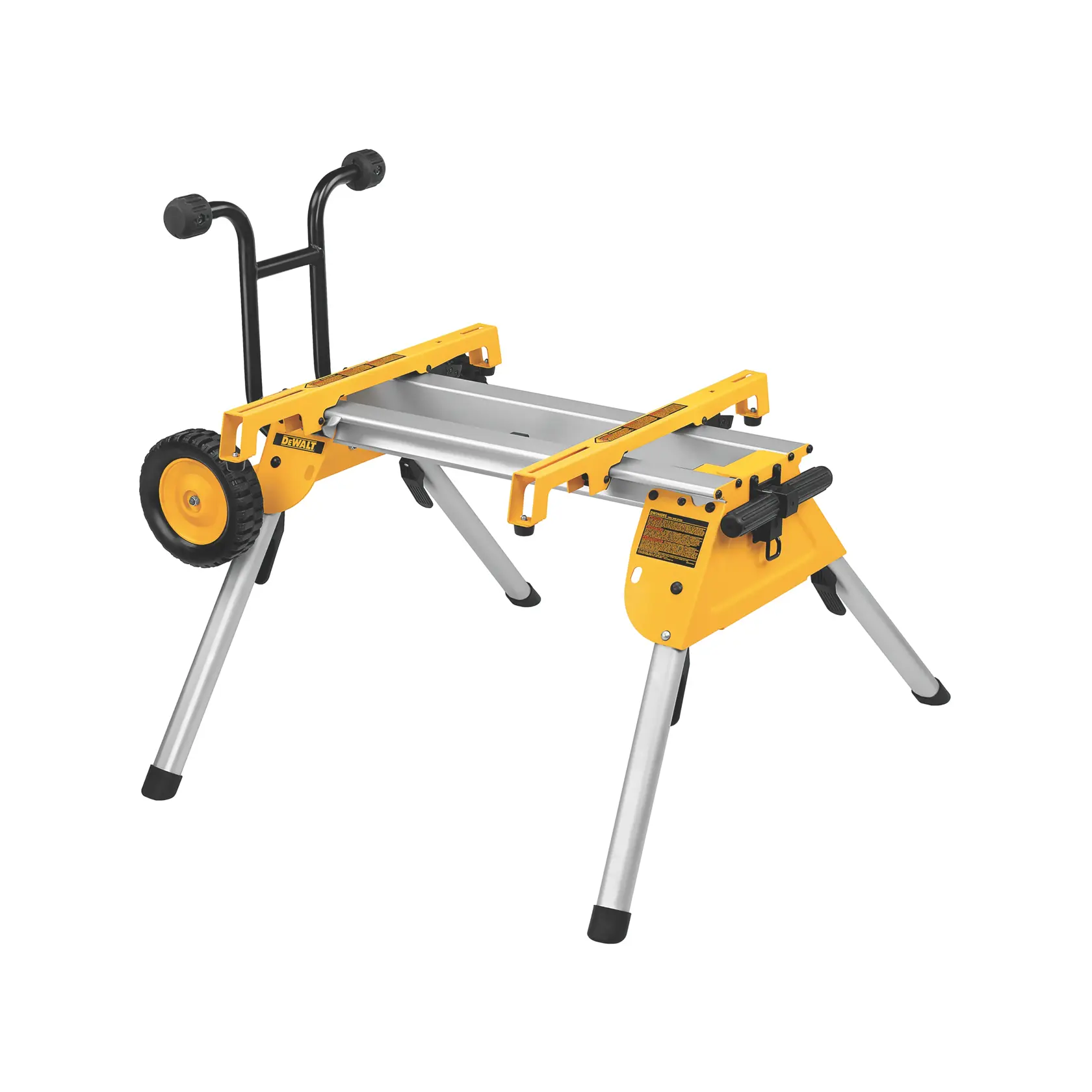 Support de scie à onglets portable DEWALT avec deux roues, quatre pieds pliants et une structure jaune et argentée.