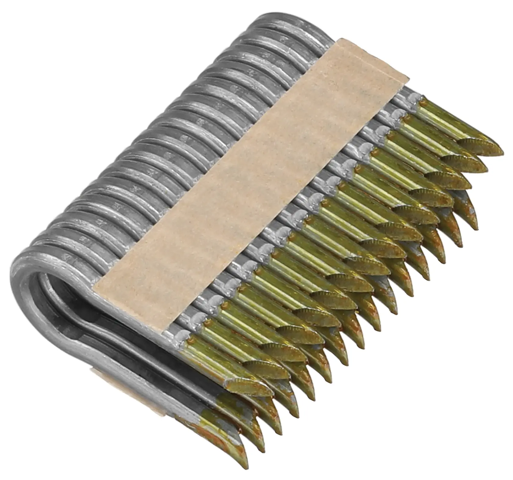 Image en gros plan d'un paquet de clous assemblés DEWALT, disposés en bande avec une finition métallique et des pointes acérées, maintenus ensemble par une bande de papier.