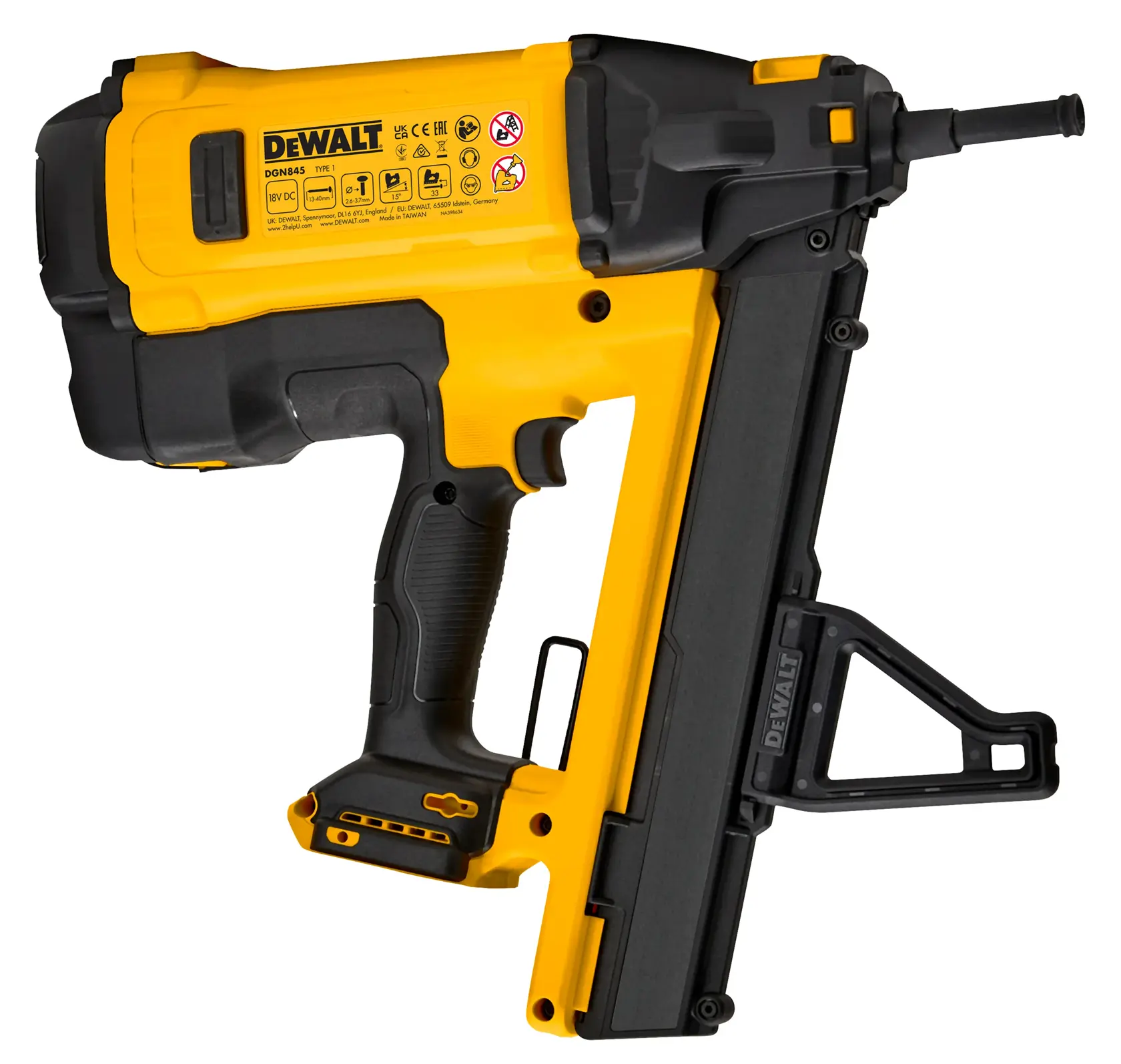 Cloueur DEWALT jaune et noir, modèles DGN845N-XJ et DGN845N, catégorie photographie.