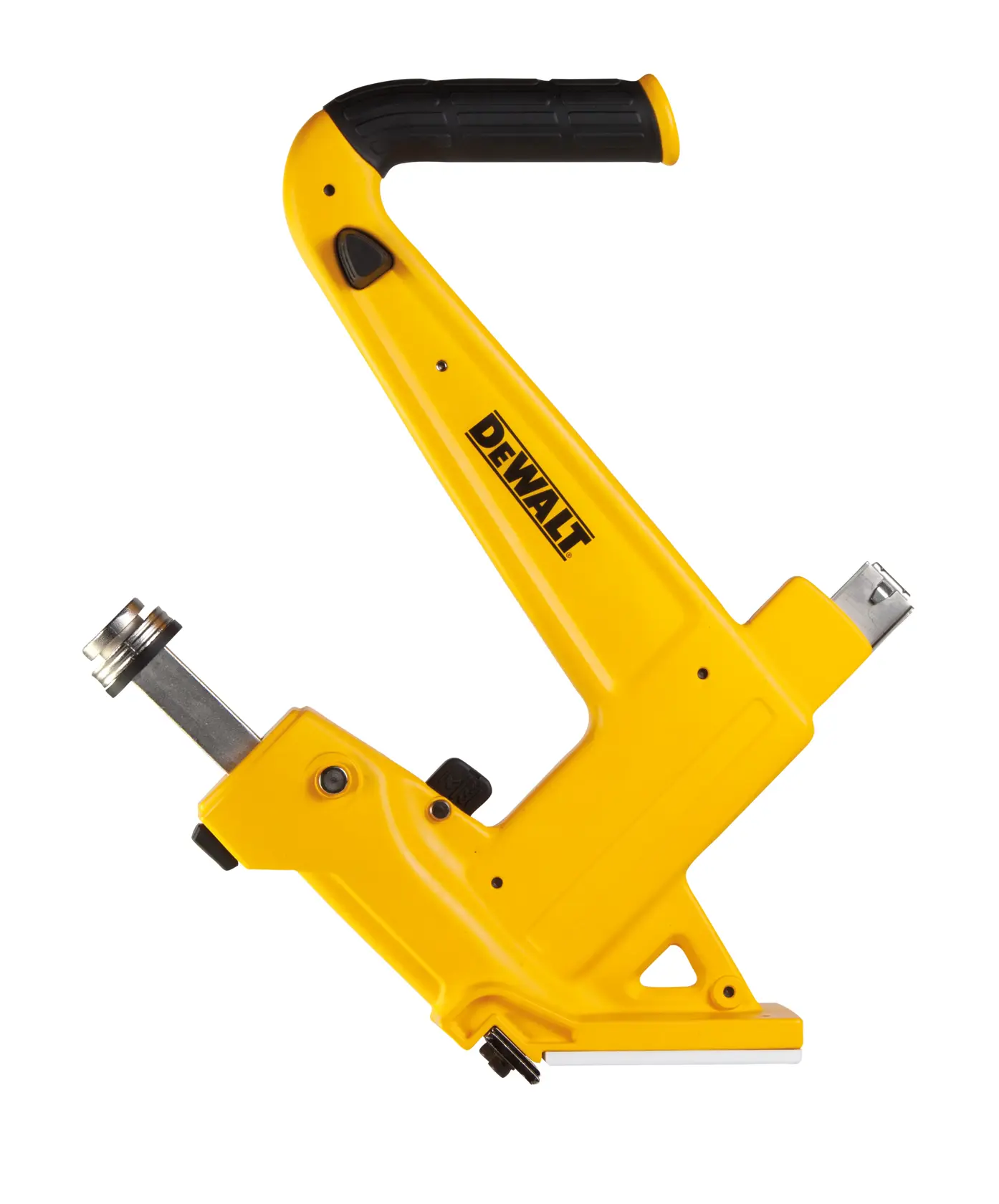 Cloueur de plancher jaune DEWALT à poignée ergonomique, utilisé pour poser des sols en bois.