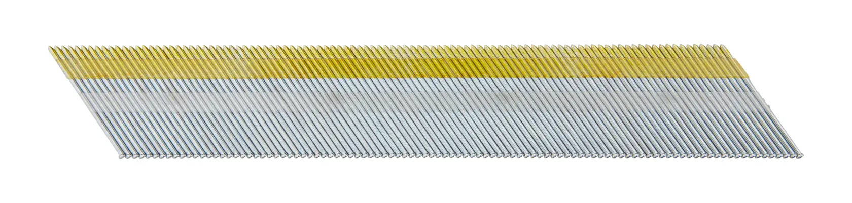 Bande de clous métalliques inclinés avec bande jaune pour cloueur, présentée sur fond blanc.