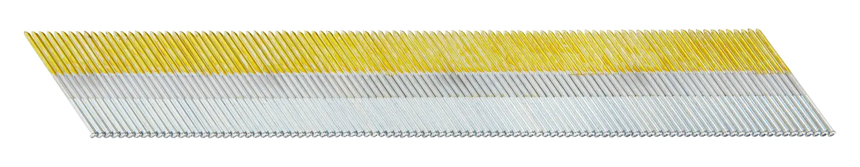 Bande de clous DEWALT inclinée, couleur jaune et argent, destinée aux pistolets à clous.