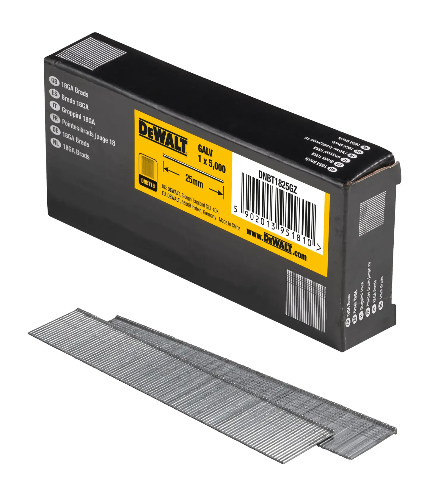 DEWALT-Box mit 25mm verzinkten Brads DNBT1825GZ, Nagelstreifen vorne.