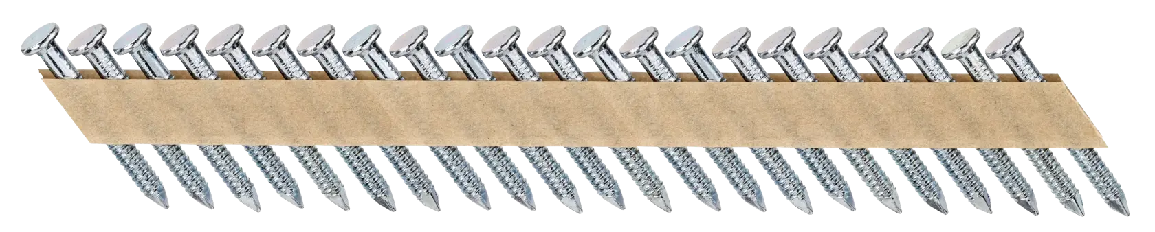 Bande de clous métalliques assemblés en ligne, conçue pour une utilisation avec un pistolet à clous.
