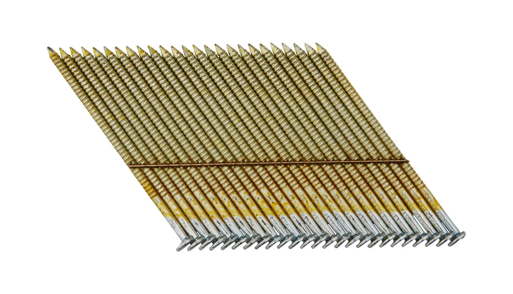 Pack de clous agrafés inclinés pour pistolets à clous, finition métallique et tige striée.