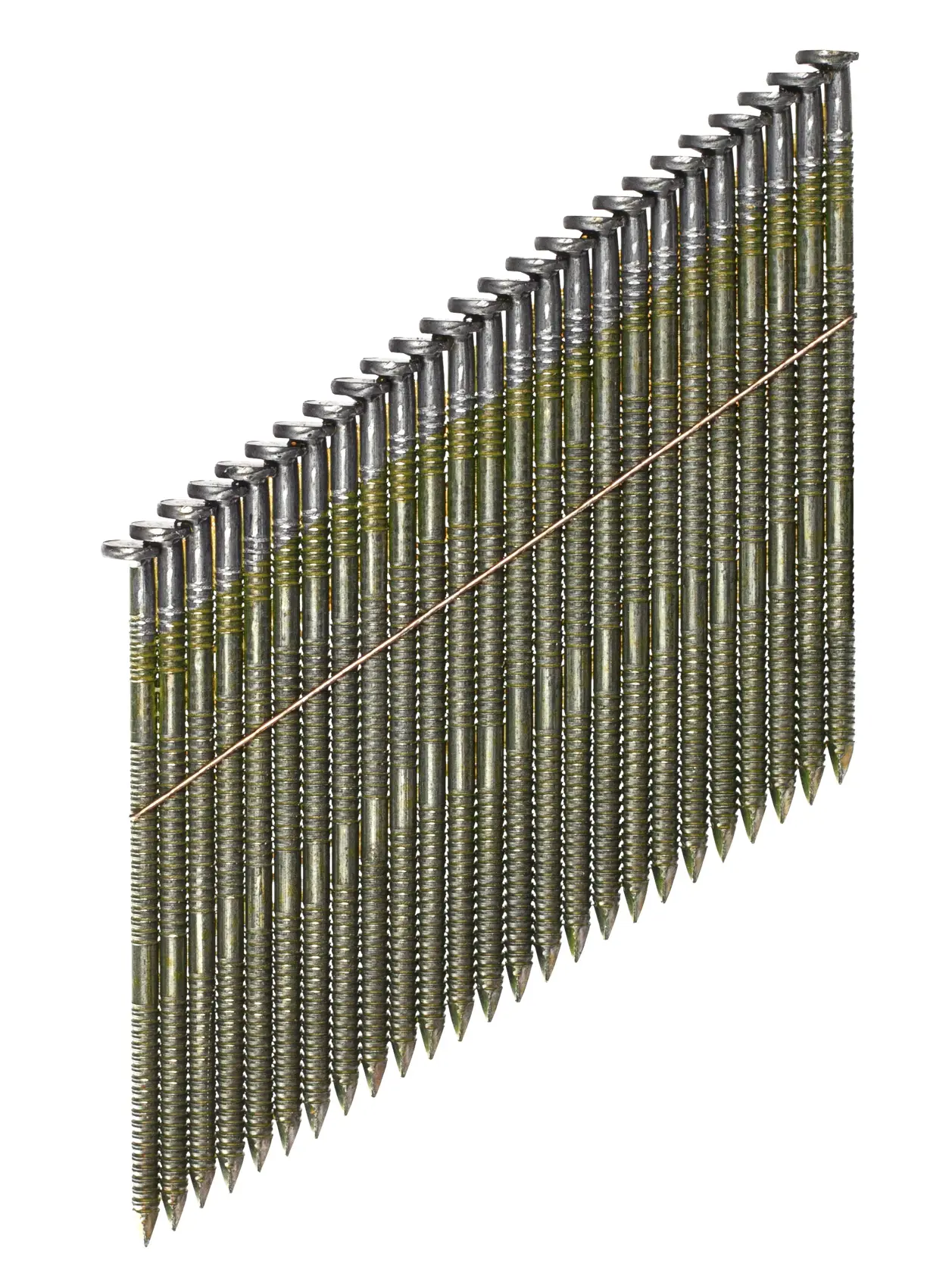 Bande de clous métalliques inclinés pour pistolet à clous, rangés en lignes.