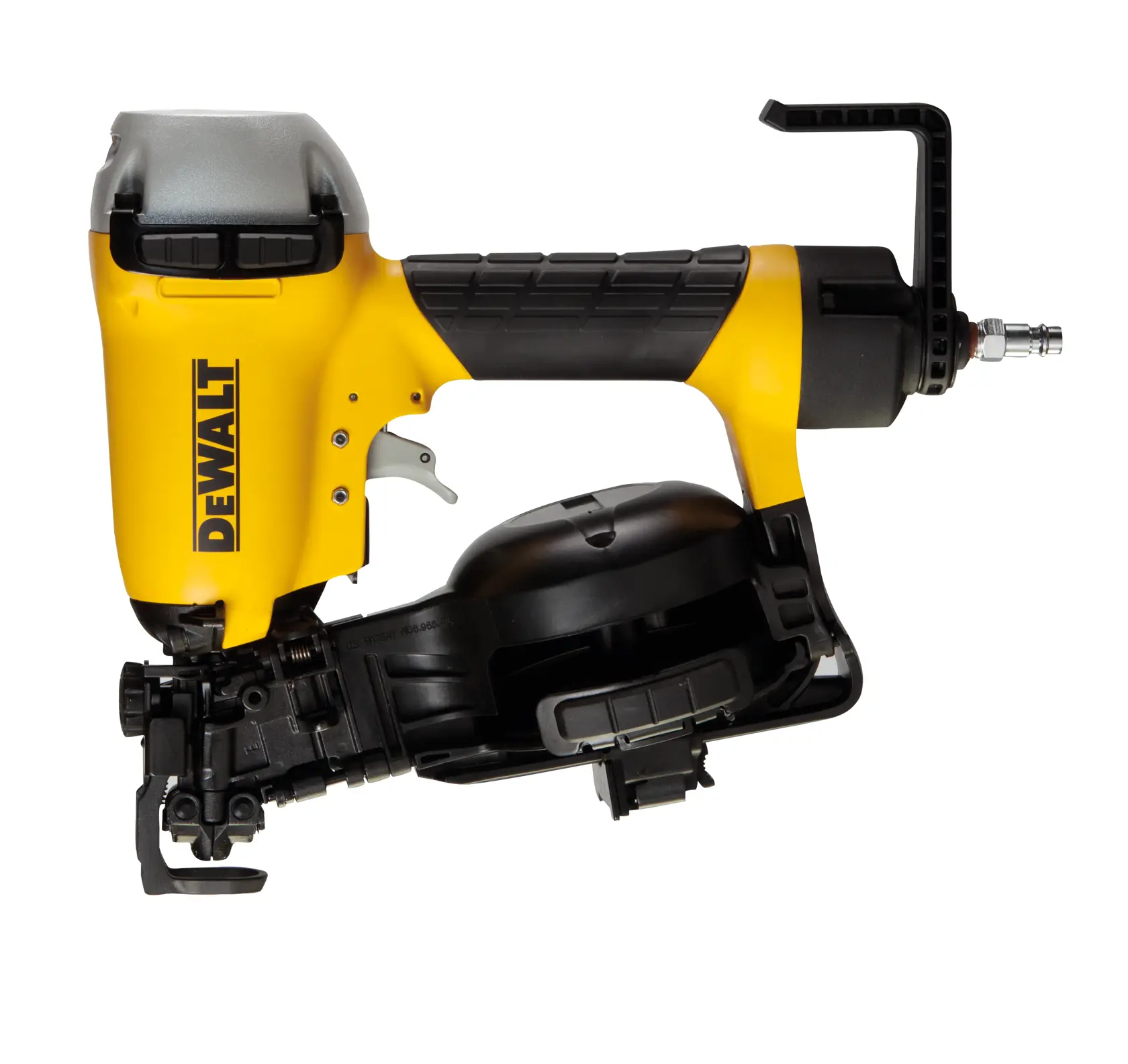 Cloueur pneumatique DEWALT jaune et noir, vue latérale, utilisé pour la construction et la menuiserie.