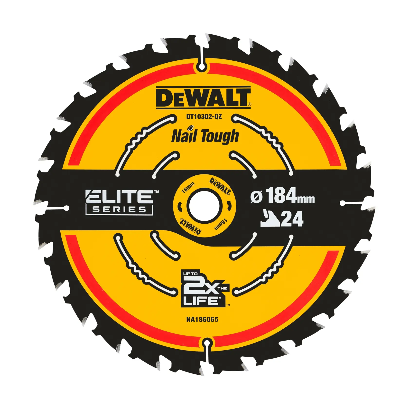Lame de scie circulaire DEWALT DT10302-QZ Elite Series, diamètre 184 mm avec 24 dents, marquée 'Nail Tough' et 'Up to 2x the Life', au design jaune et noir.
