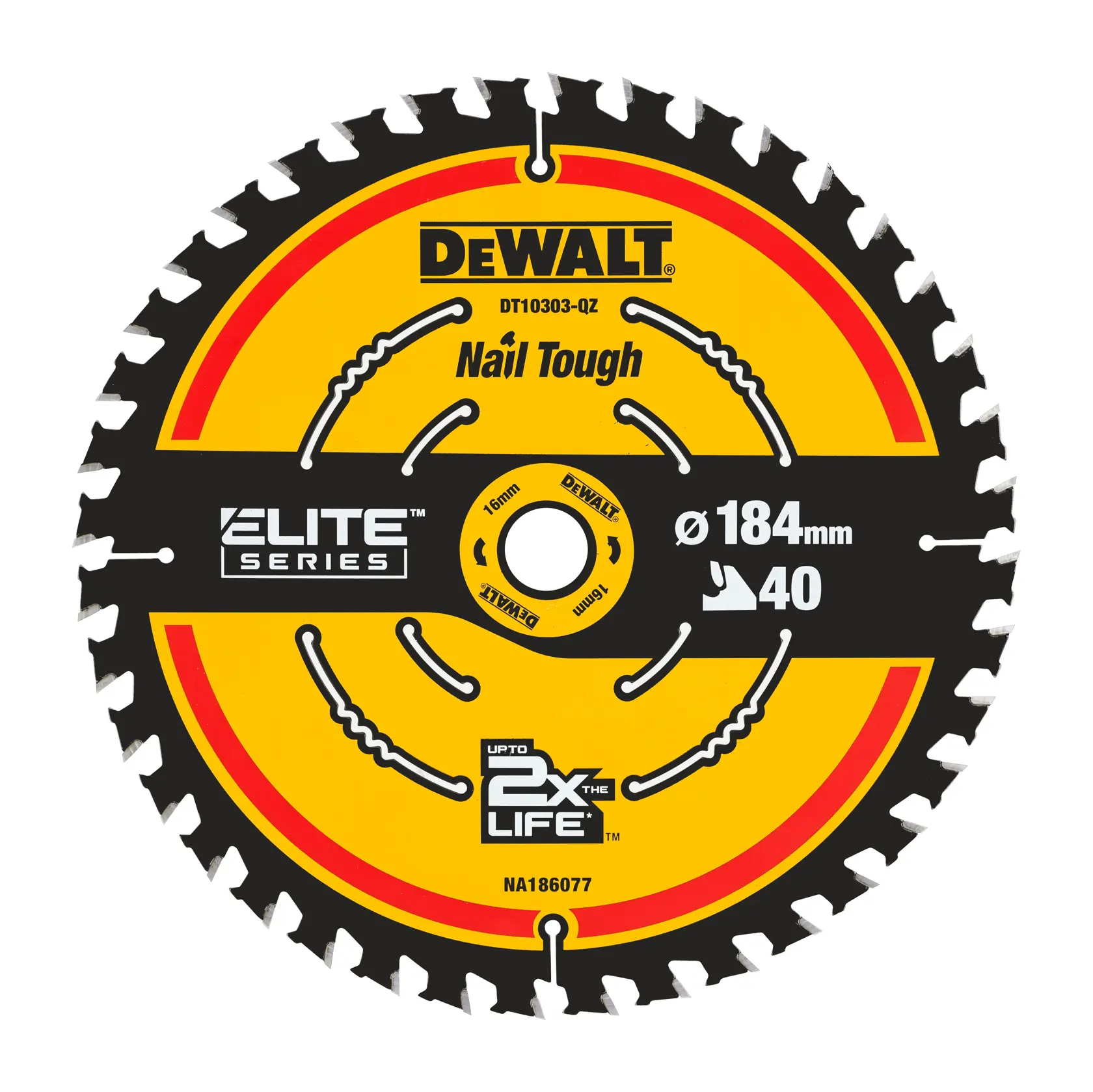 Lame de scie circulaire DEWALT DT10303, Elite Series, diamètre 184mm, 40 dents, jaune et noire.