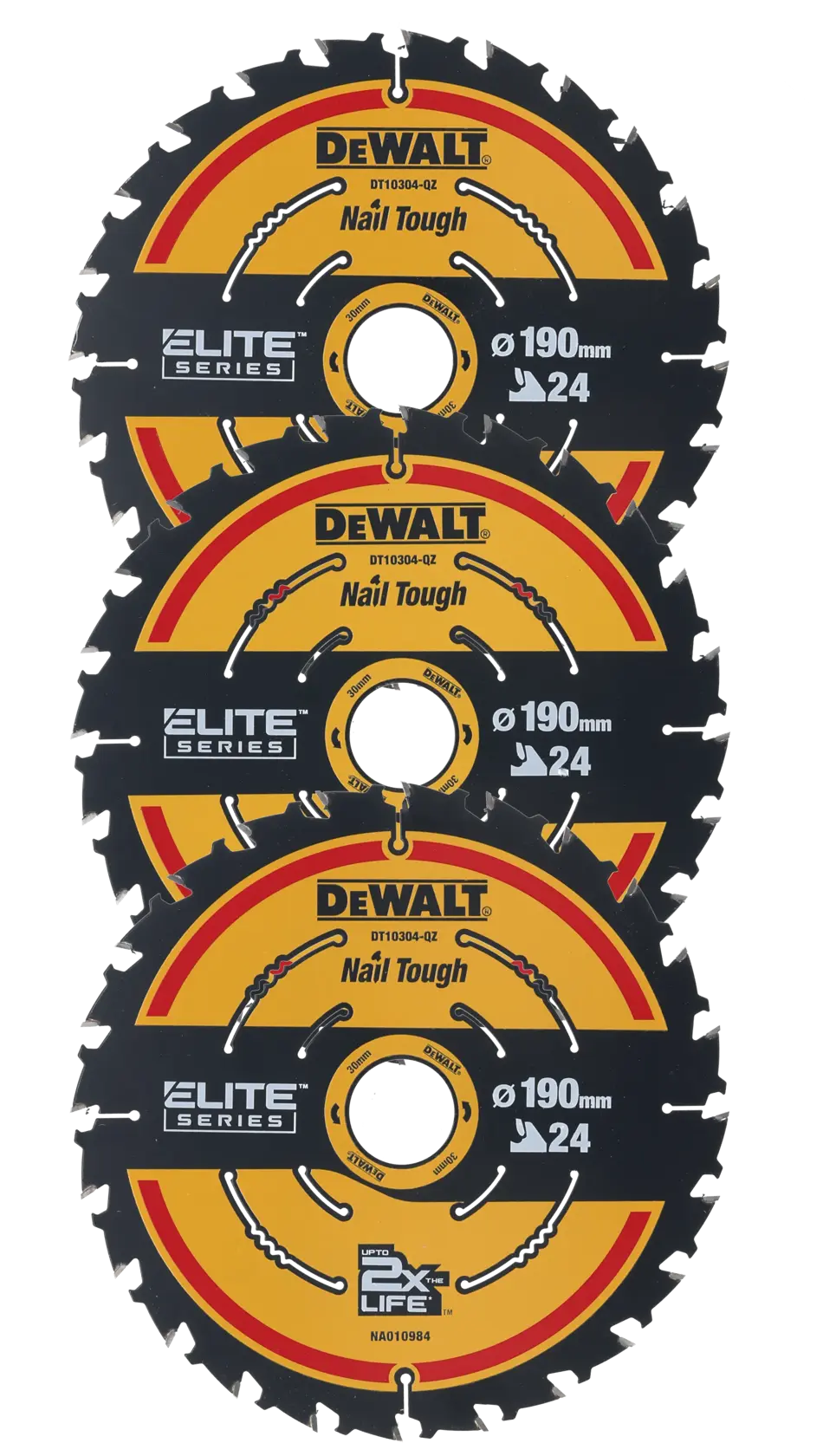 Trois lames de scie circulaire DEWALT 190mm Elite Series empilées, Nail Tough, 24 dents.