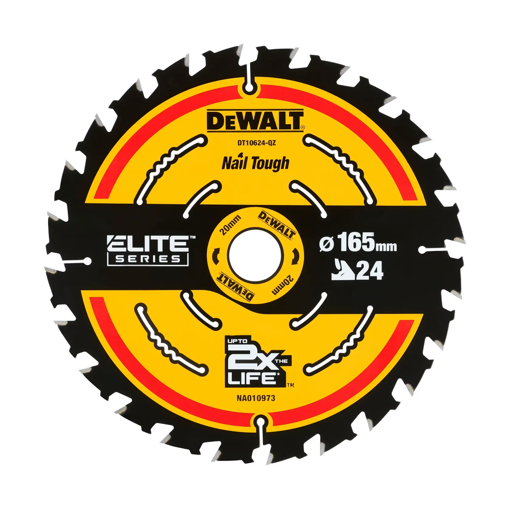 Lame de scie DEWALT DT10624 Elite Series, 165mm, 24 dents, coupe les clous, design circulaire jaune et noir.