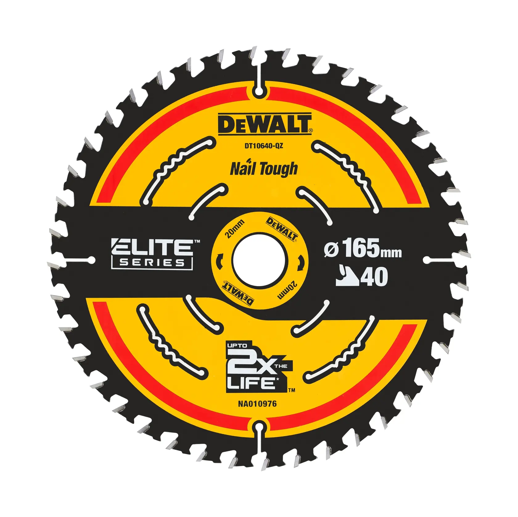 Lame de scie circulaire DEWALT Elite Series, modèle DT10640, diamètre 165 mm avec 40 dents, étiquetée 'Nail Tough' et 'Jusqu’à 2X la durée de vie', avec un design jaune et noir.
