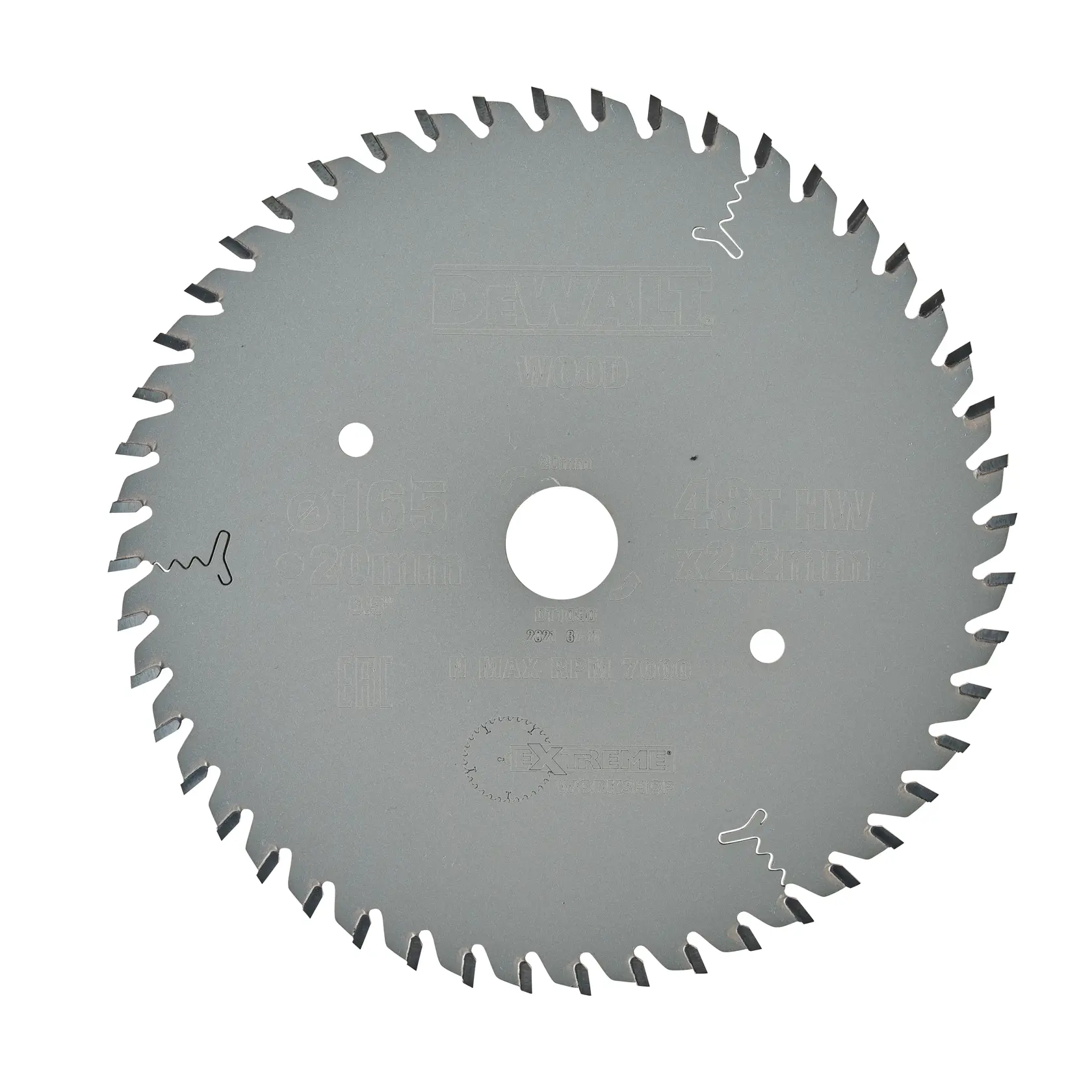 Une lame de scie circulaire DEWALT avec 48 dents, conçue pour couper du bois. La lame est métallique, ronde et possède un trou au centre pour l'installation sur une scie. Les détails et spécifications du produit sont gravés sur la surface.