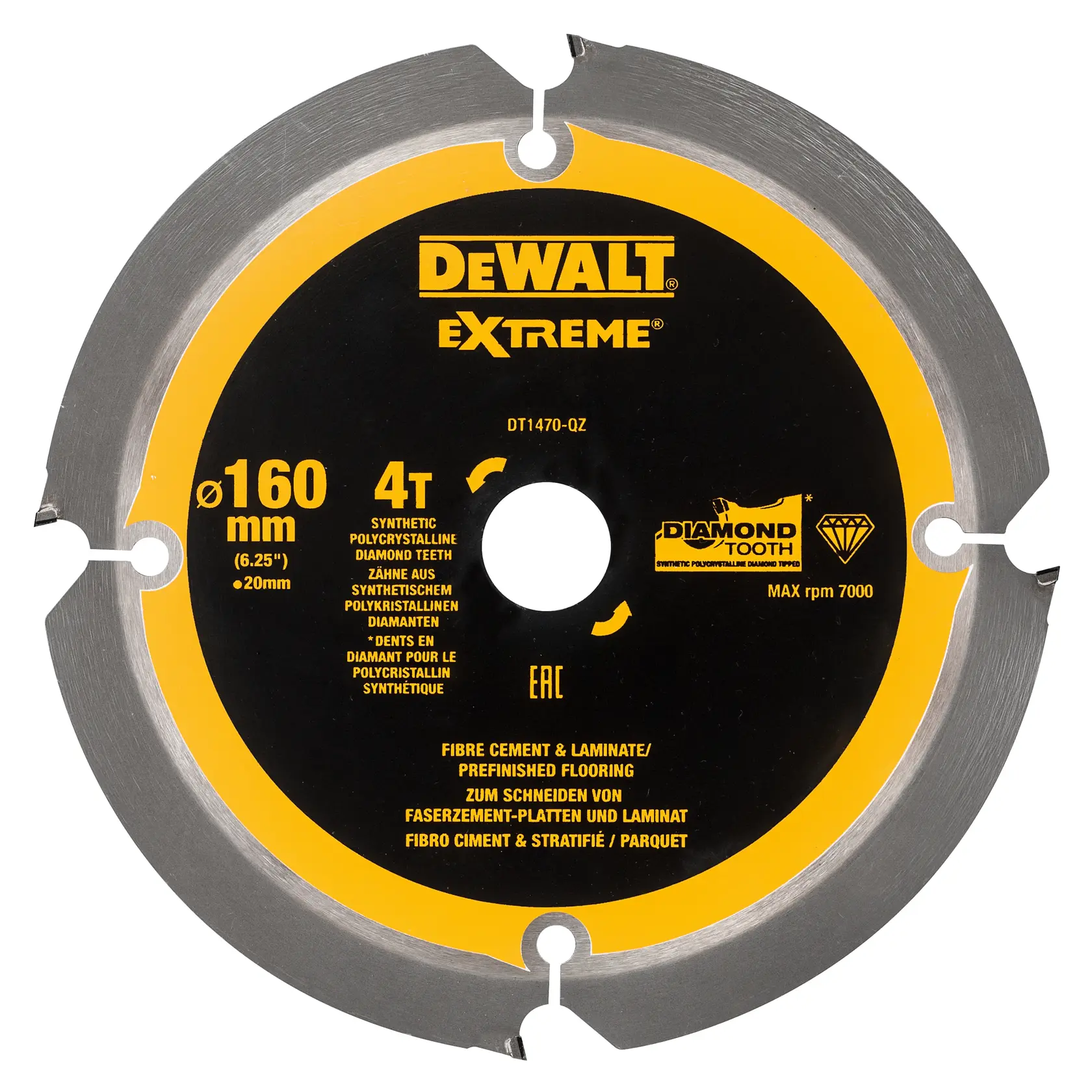 Lame de scie circulaire DEWALT DT1470 pour ciment fibreux et stratifié, 160mm, 4 dents diamant.