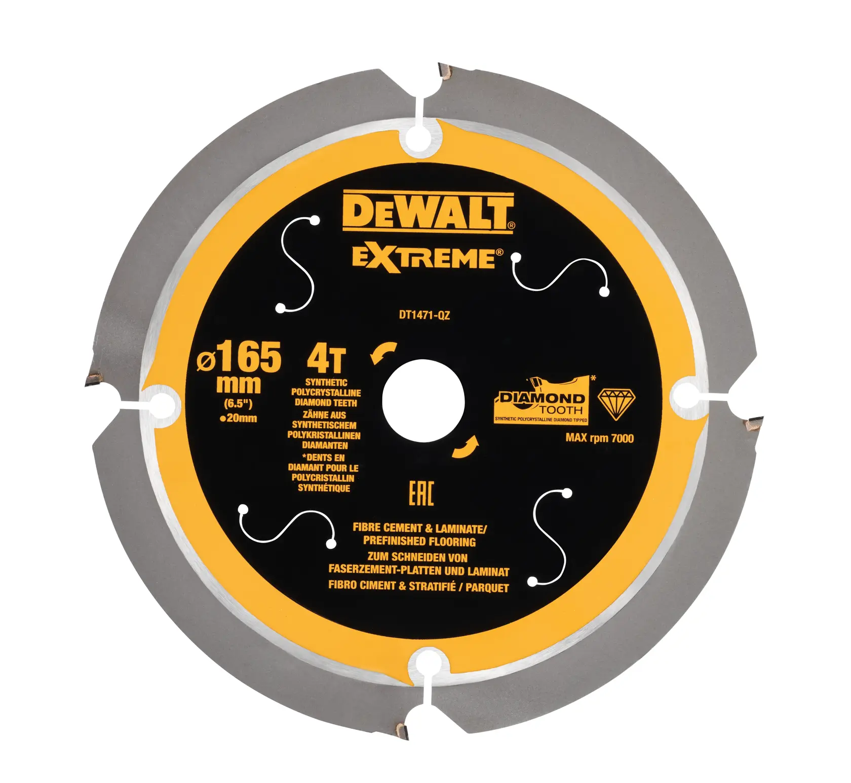 Lame de scie circulaire DEWALT EXTREME, modèle DT1471, diamètre 165 mm avec 4 dents synthétiques en diamant polycristallin, conçue pour couper du fibrociment et du stratifié. La lame est noire et jaune avec les spécifications imprimées.