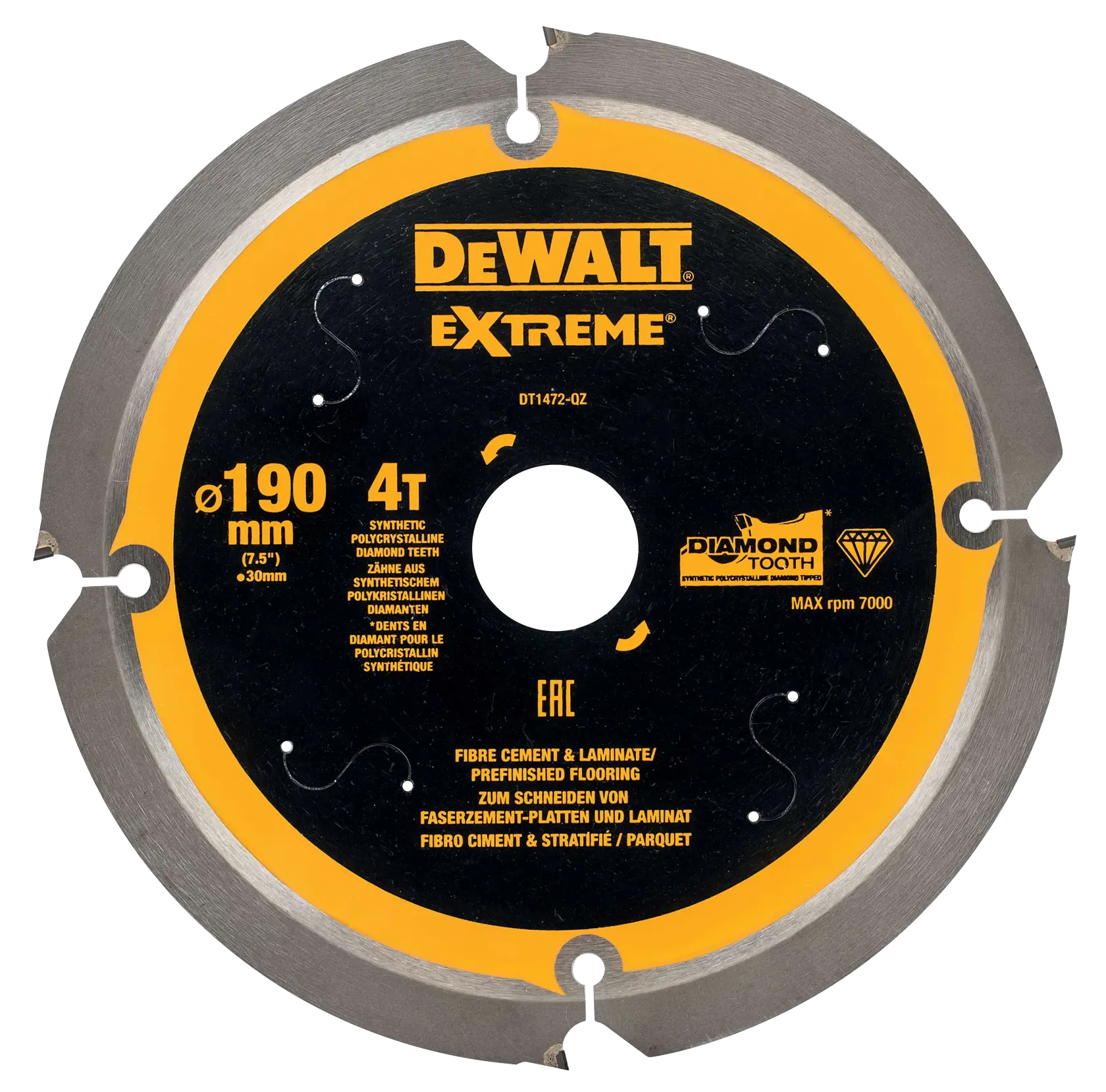 Lame de scie DEWALT Extreme 190mm pour fibre-ciment et stratifié, 4 dents diamant synthétique.